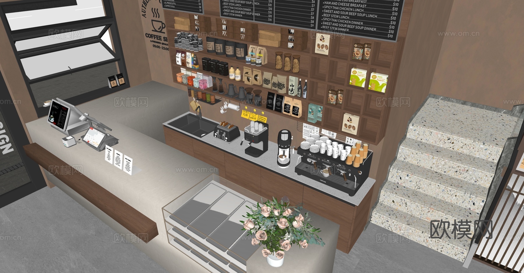 现代咖啡厅 现代咖啡厅前台 咖啡店操作台 咖啡机器组合 收银su模型