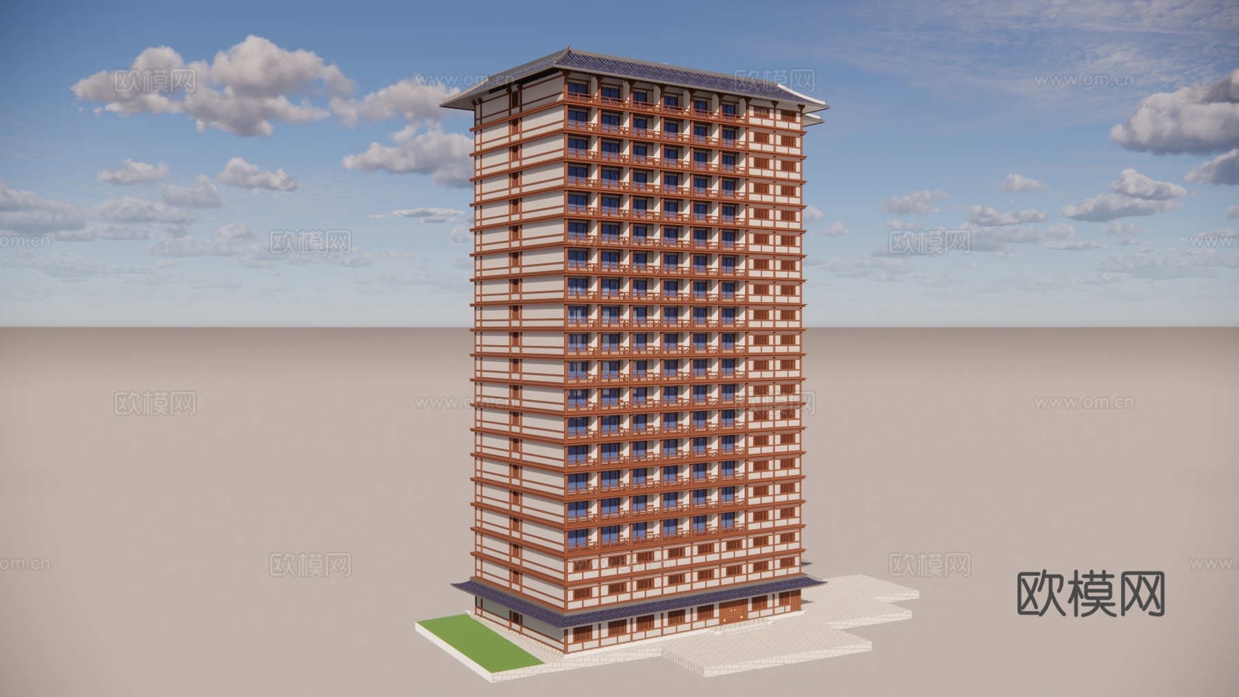 中式仿古高楼 高层建筑 酒店住宅su模型