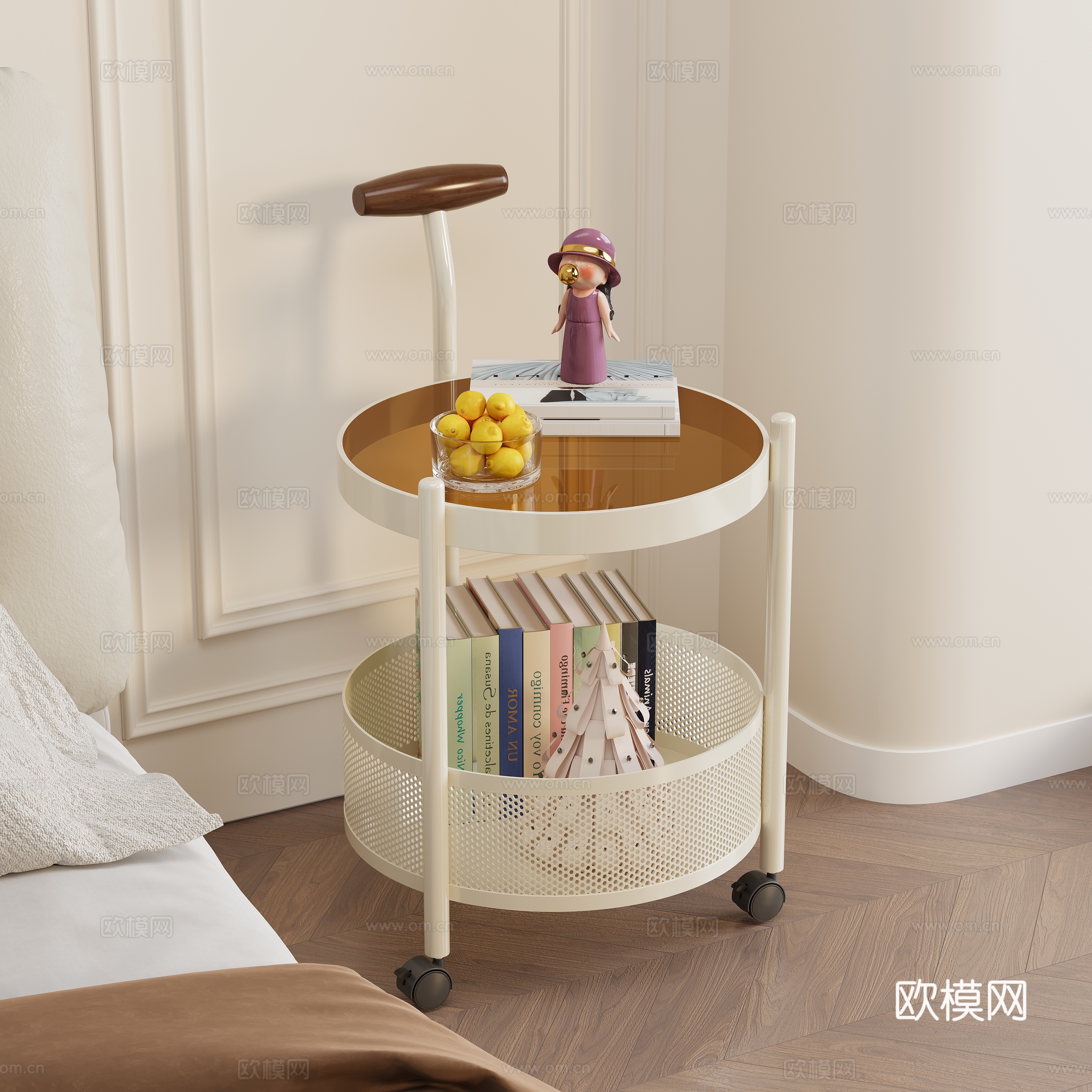 卧室床书本摆件果盘柠檬铁艺万向轮玩偶娃娃背景墙亚克力茶玻玻璃3d模型