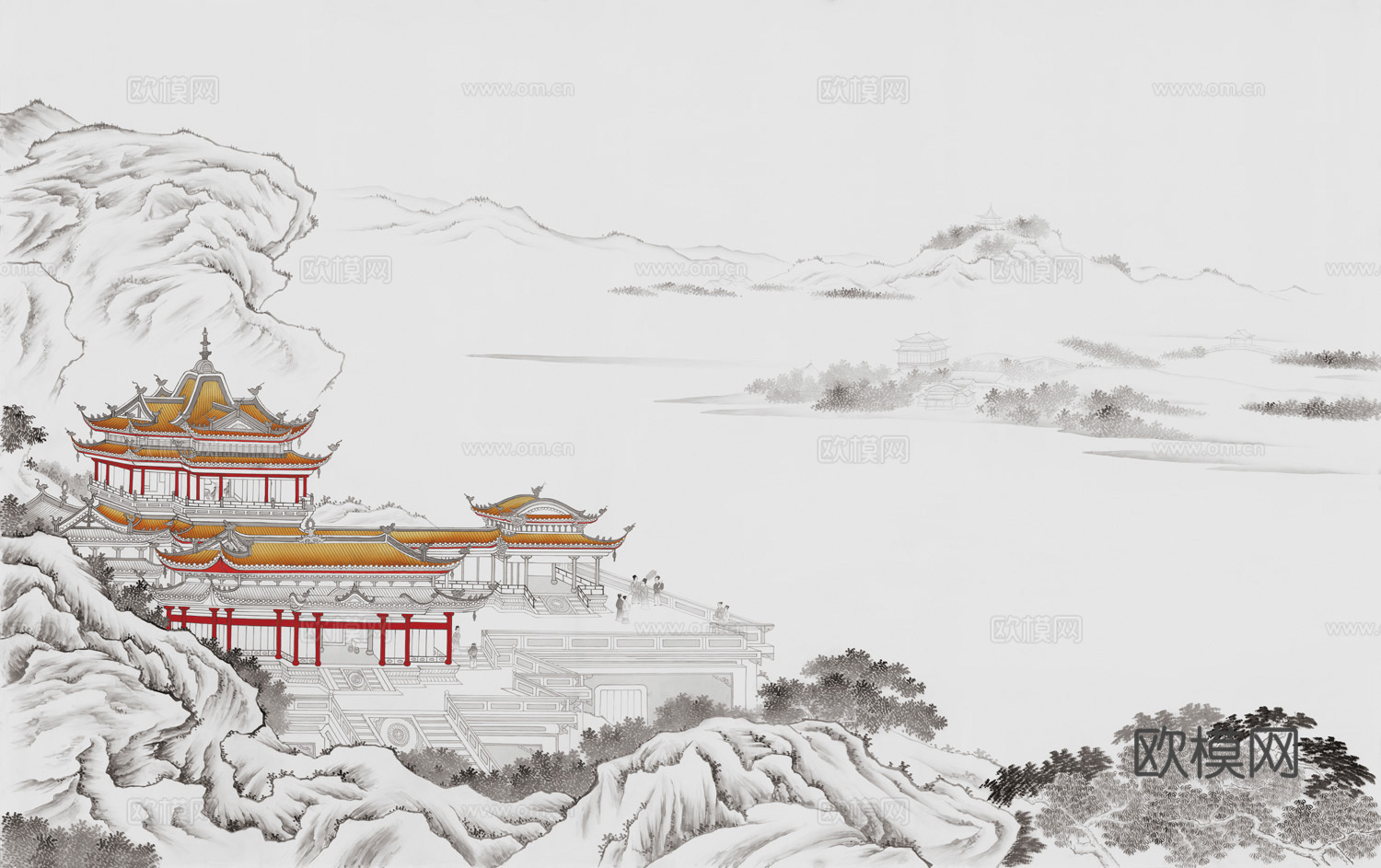 中式新中式高清山水建筑意境壁纸壁画装饰画
