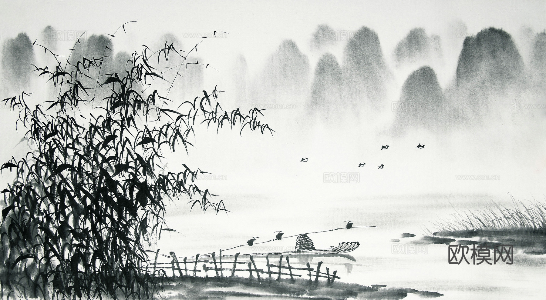 中式新中式高清山水水墨意境壁画壁纸装饰画