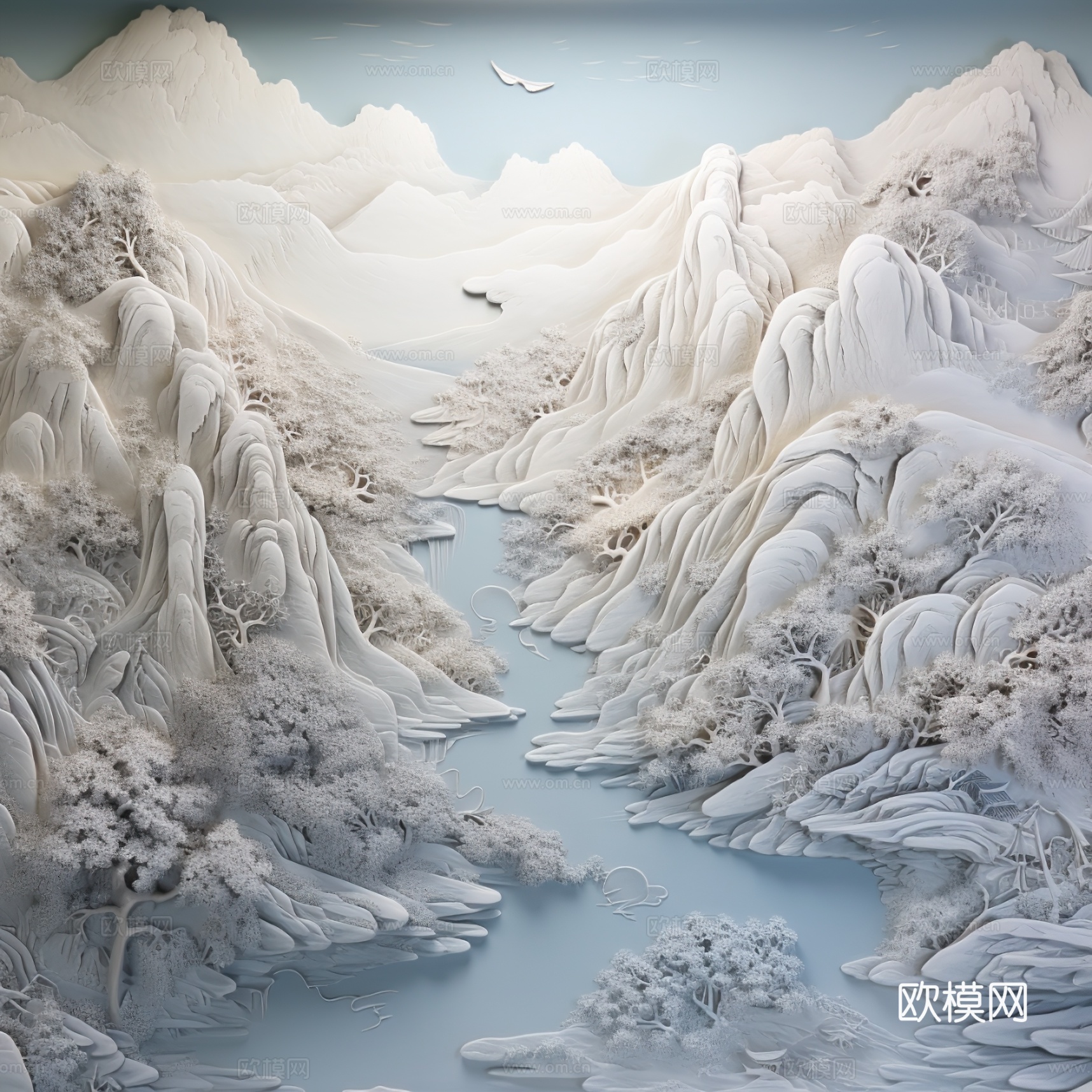 中式山水浮雕壁画壁纸