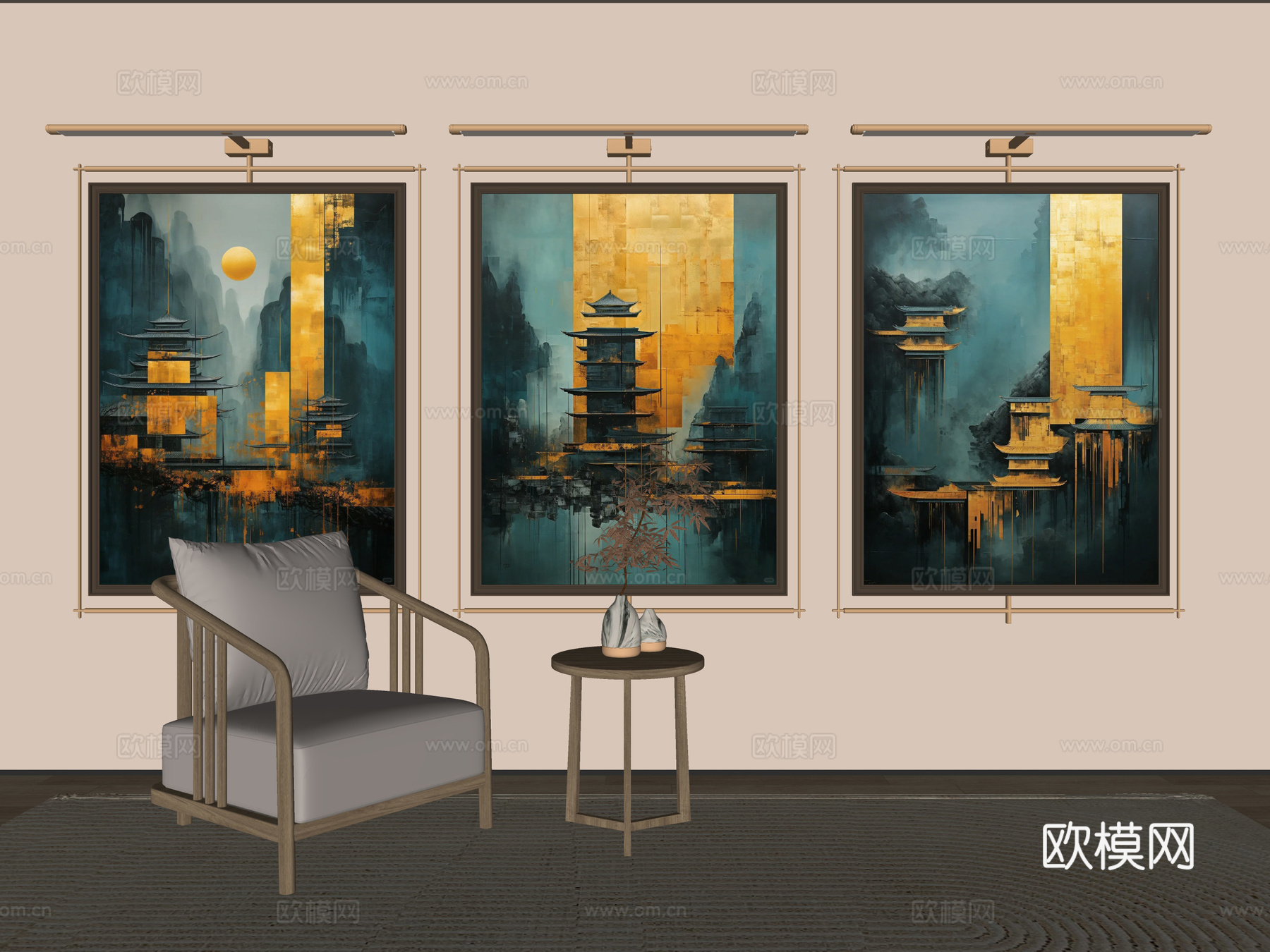 新中式山水画 禅意挂画 茶室挂画 挂画组合 山水画 挂画su模型