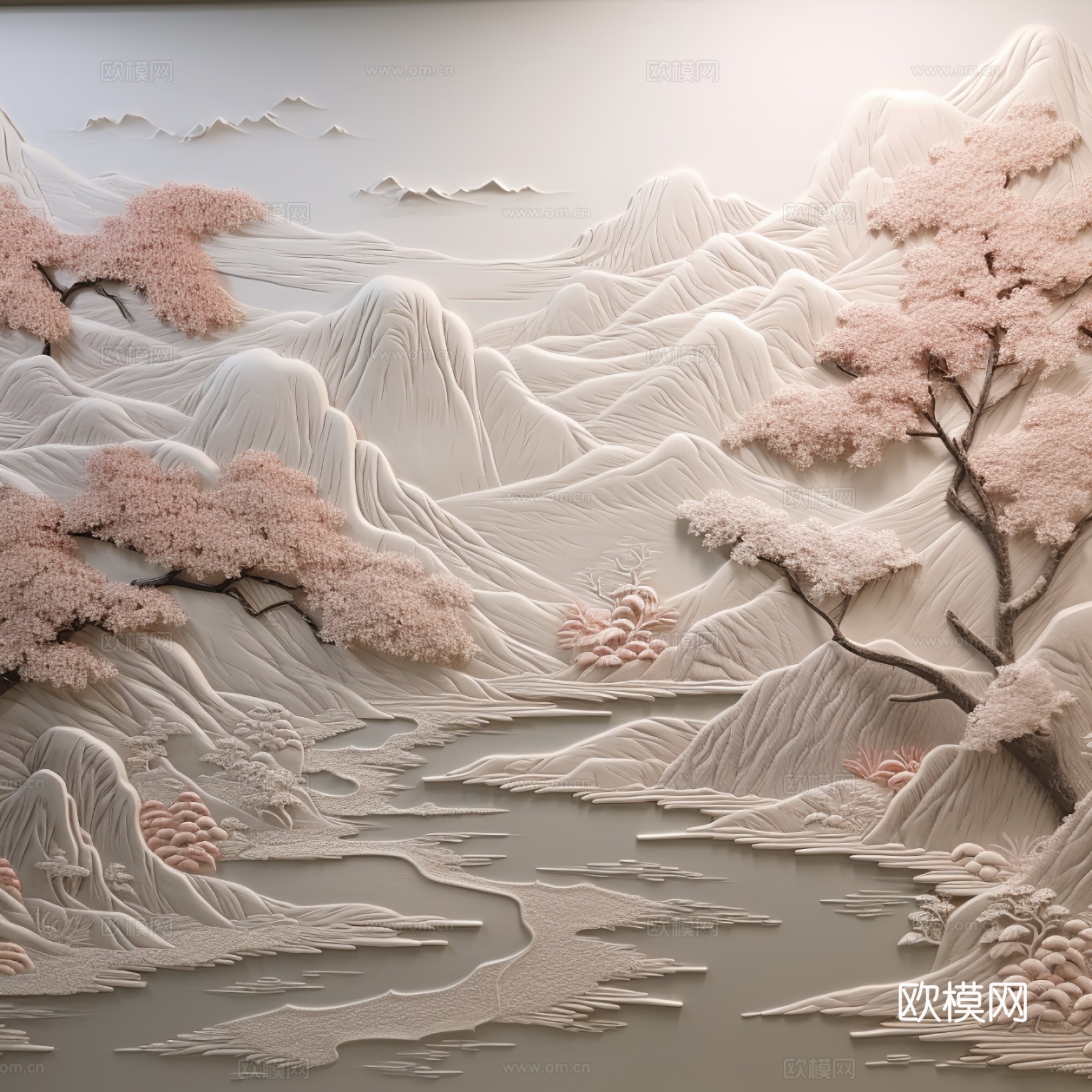 中式山水浮雕壁画壁纸