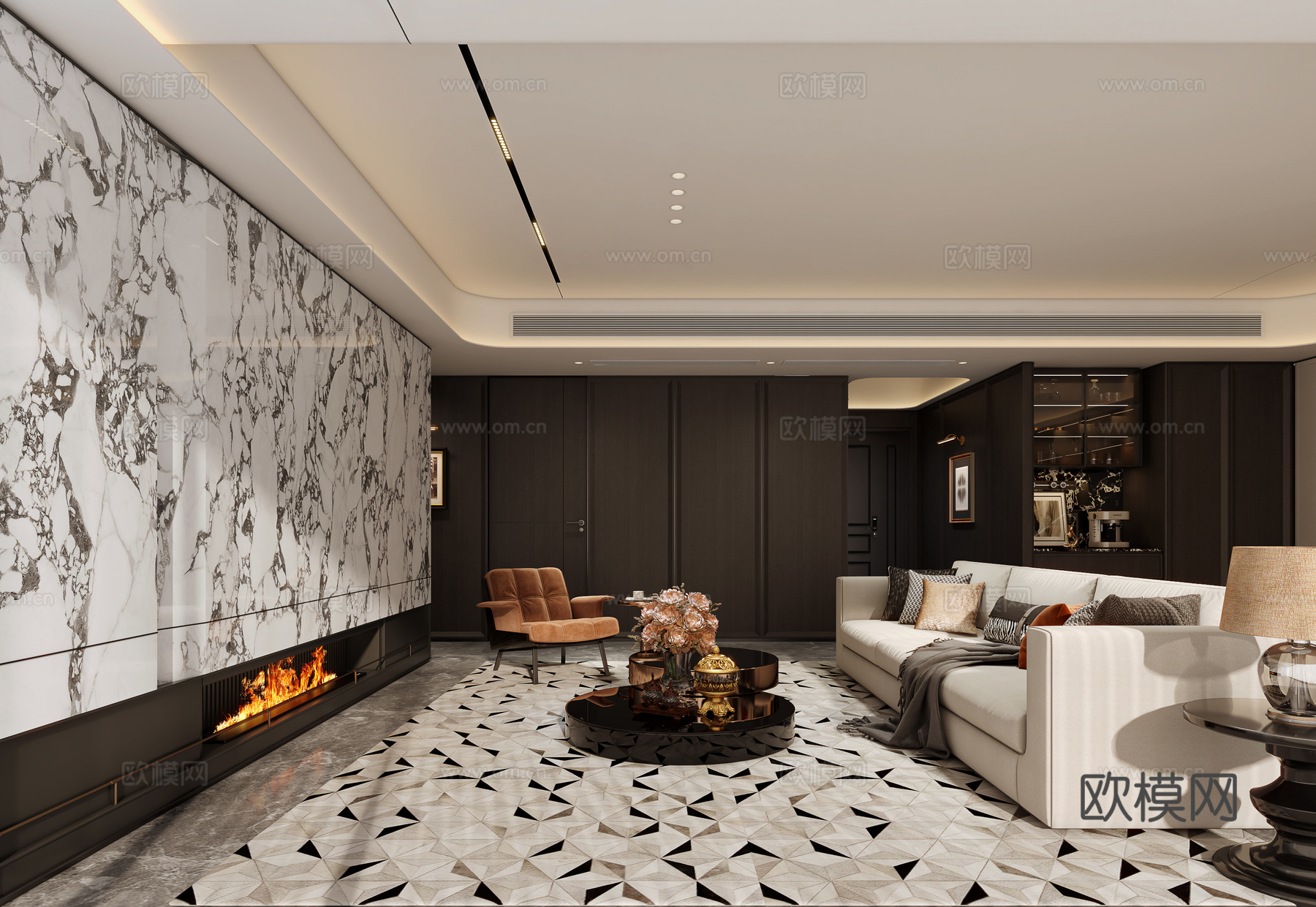 意式石材电视背景墙客厅su模型