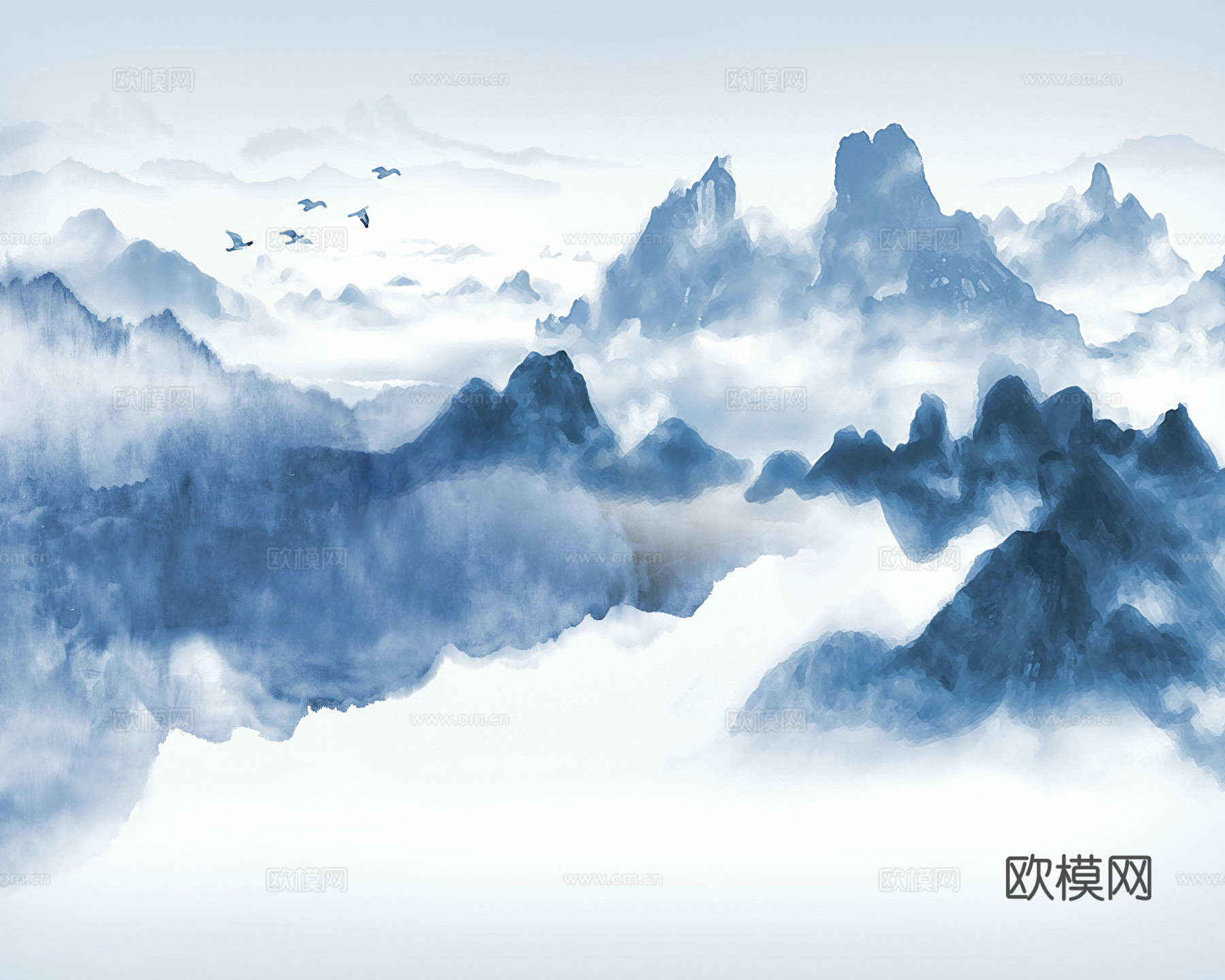 中式新中式高清蓝色山水意境壁画壁纸装饰画