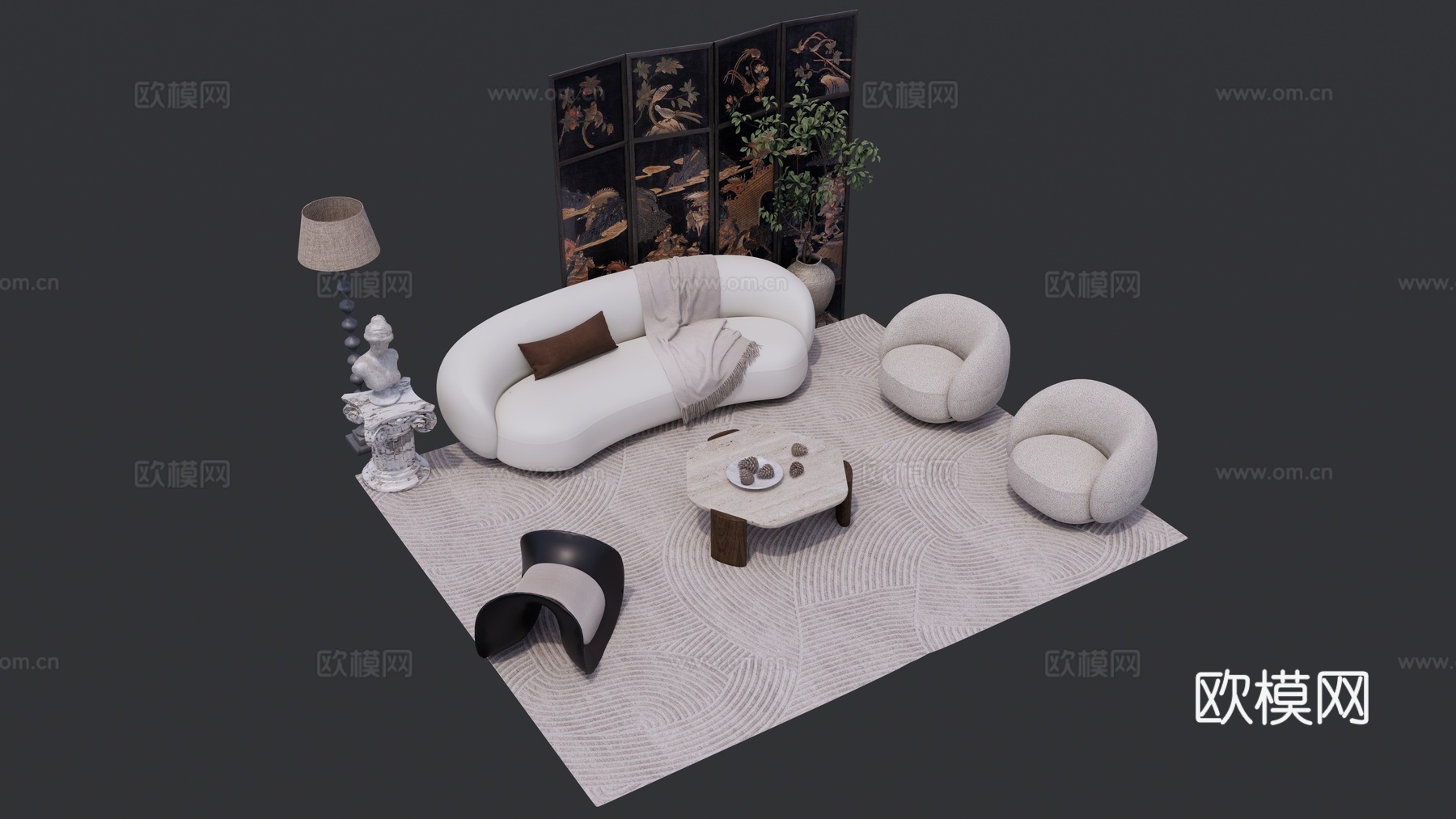 中古风沙发茶几组合5su模型