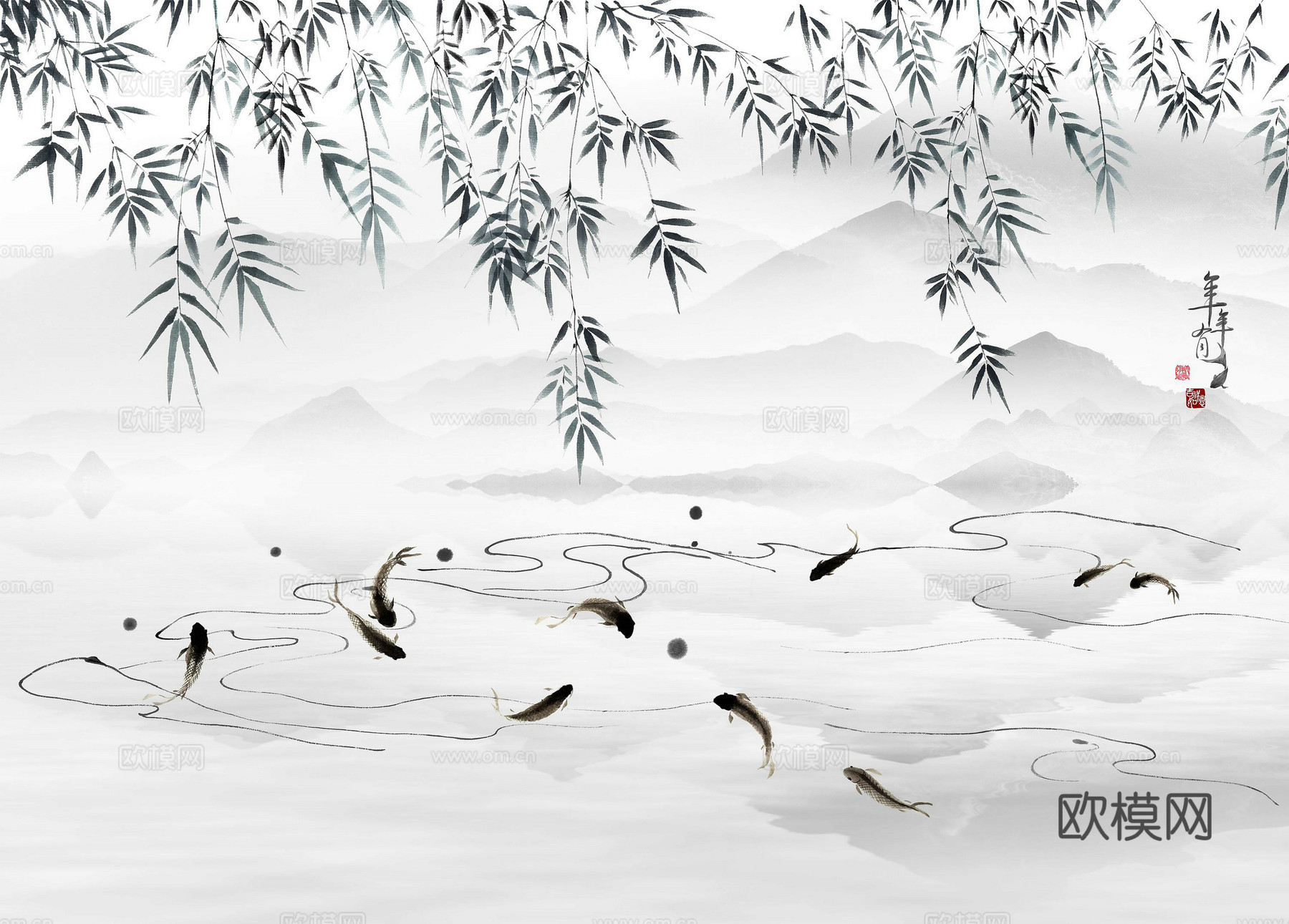 中式新中式高清山水水墨意境壁纸壁画装饰画