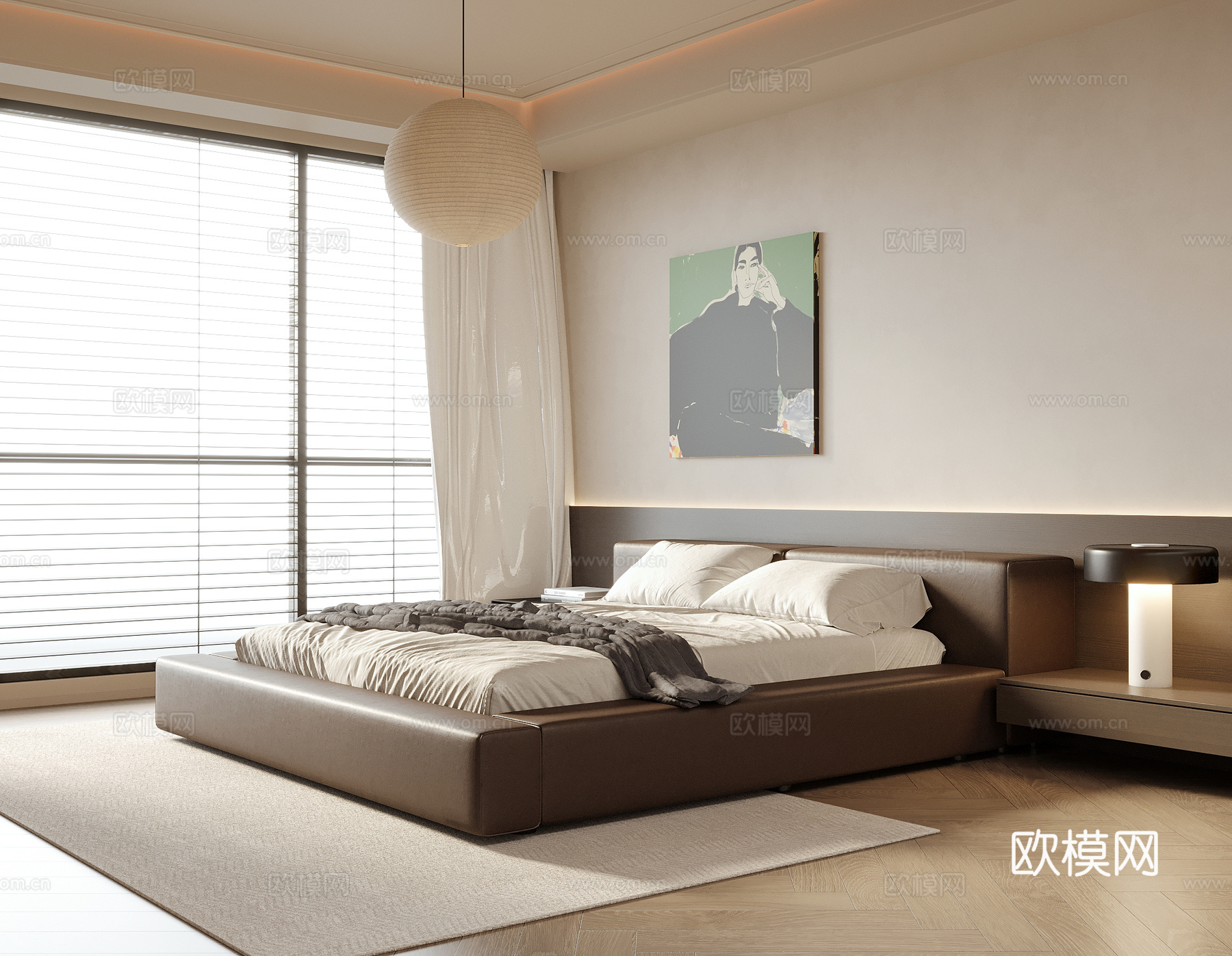 现代卧室 双人床 台灯 吊灯3d模型