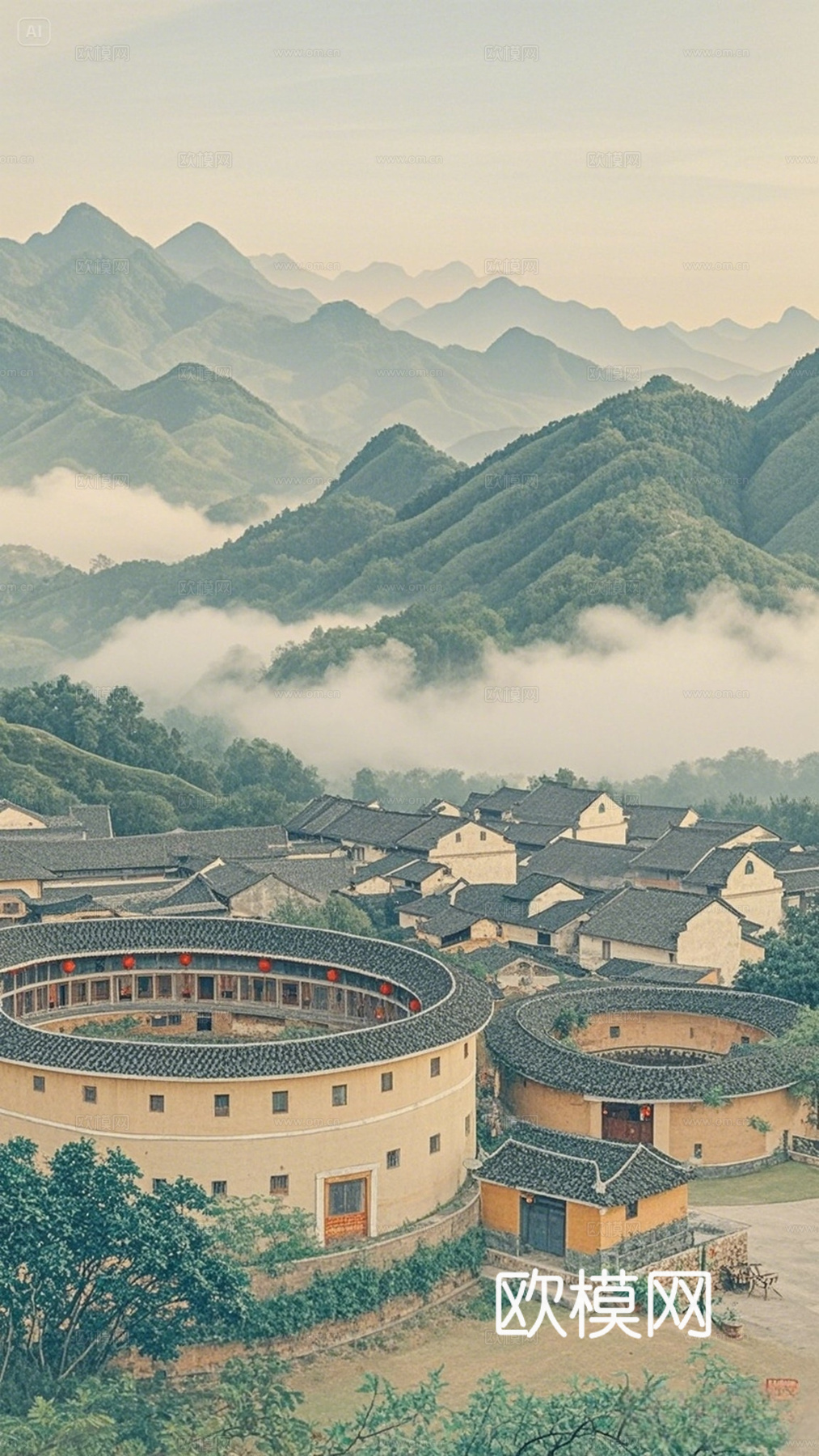 梅州客家围龙屋餐饮背景壁纸