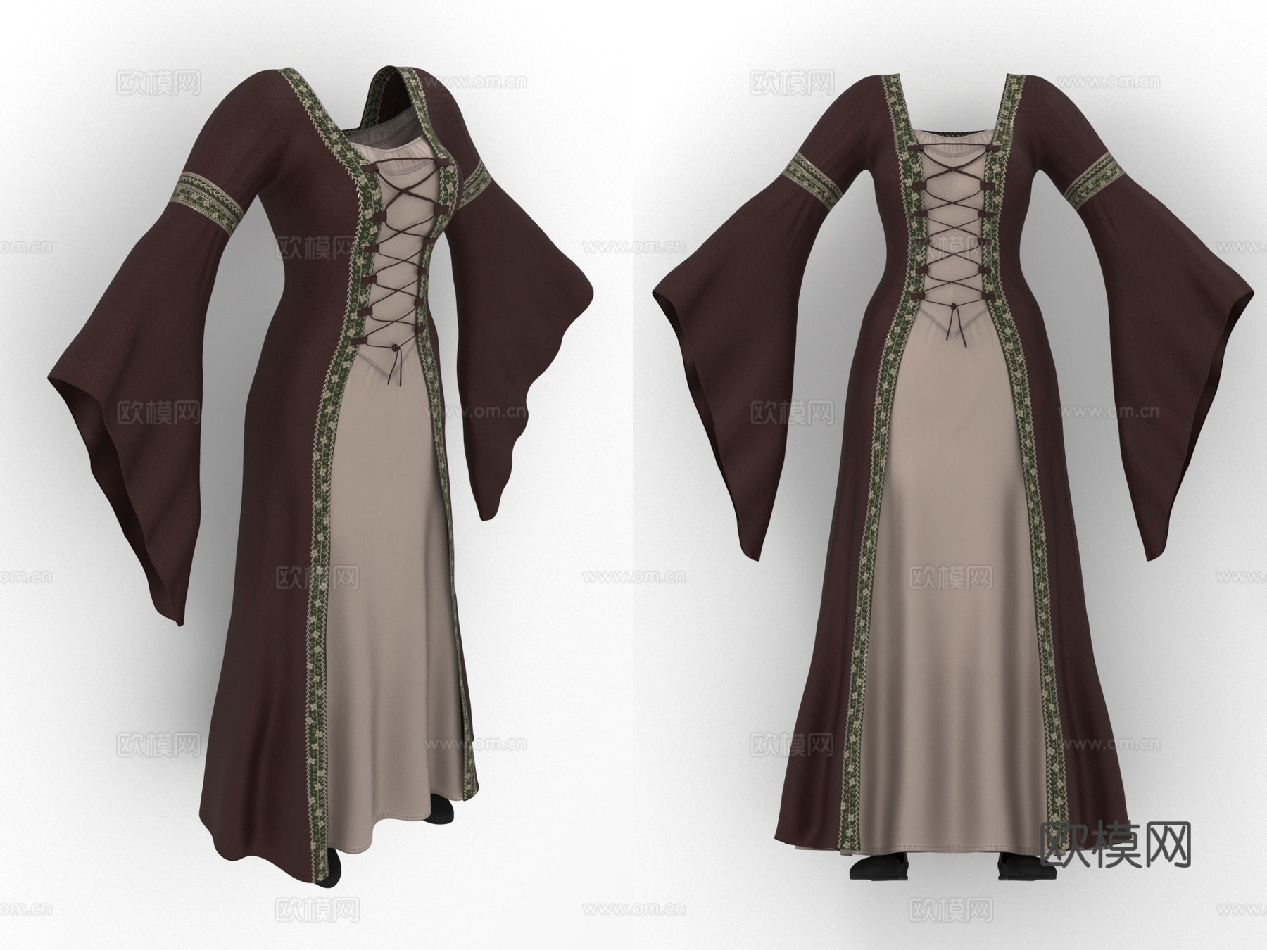 连衣裙 长袍 中世纪服装 系带裙 复古裙 套装 鞋子 女性服3d模型