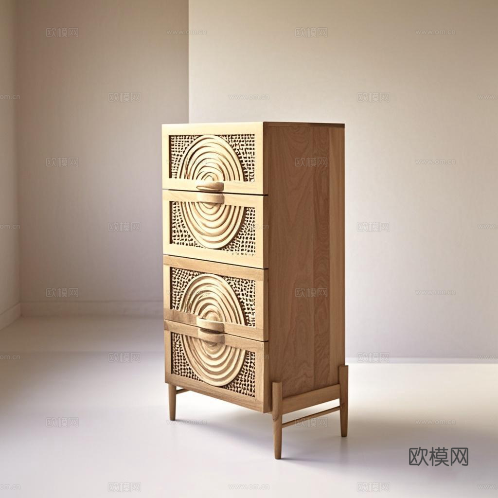 北欧简约现代玄关柜客厅靠墙装饰柜美式侘寂风原木藤编餐边柜斗柜su模型