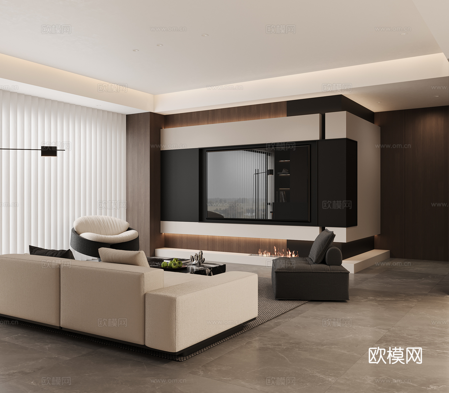 现代意式客厅电视背景3d模型