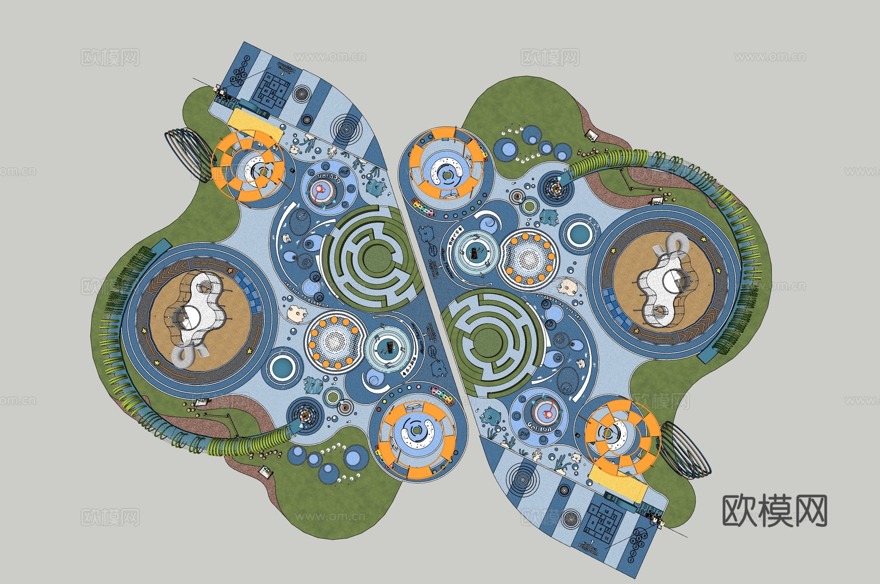 现代景观公园 儿童游乐场地 城市运动公园 儿童滑梯游乐器材su模型下载（渲染图2）