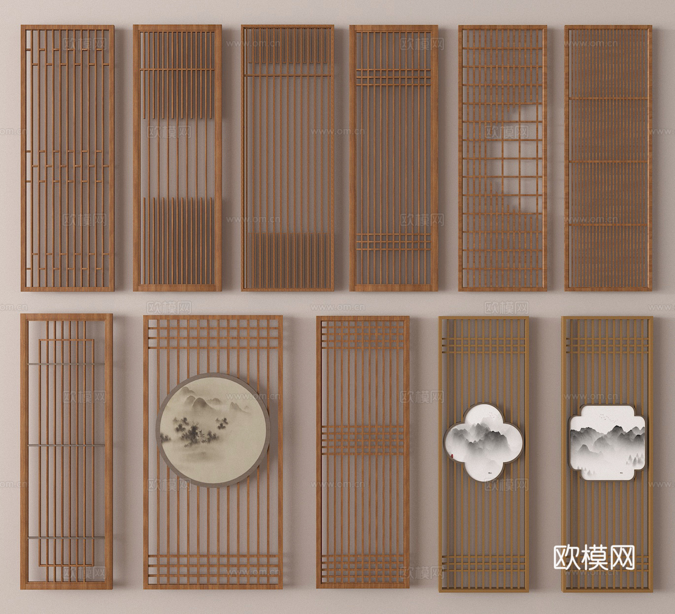 新中式屏风 隔断 木质屏风su模型