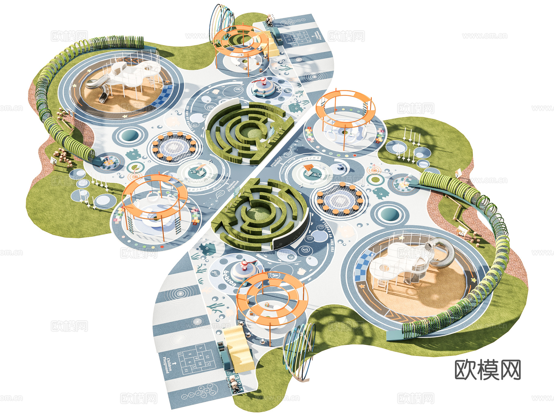现代景观公园 儿童游乐场地 城市运动公园 儿童滑梯游乐器材su模型下载（渲染图1）