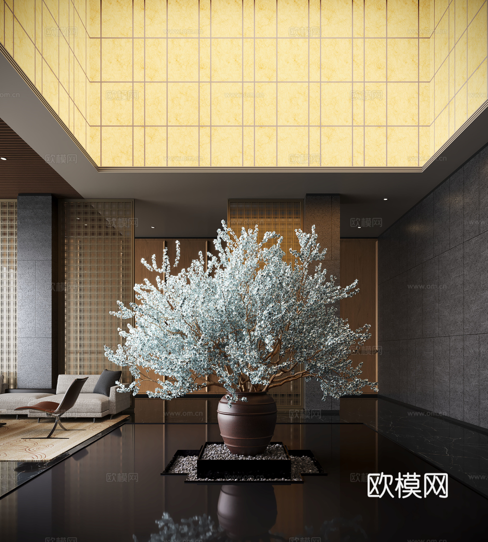 现代大厅 花艺装置 花艺摆台组合 屏风 大型盆栽3d模型