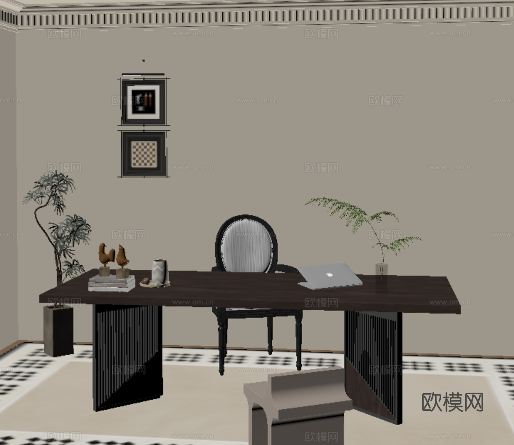 法式中古风书桌椅 书桌 书椅 休闲椅 装饰画 办公书桌椅su模型