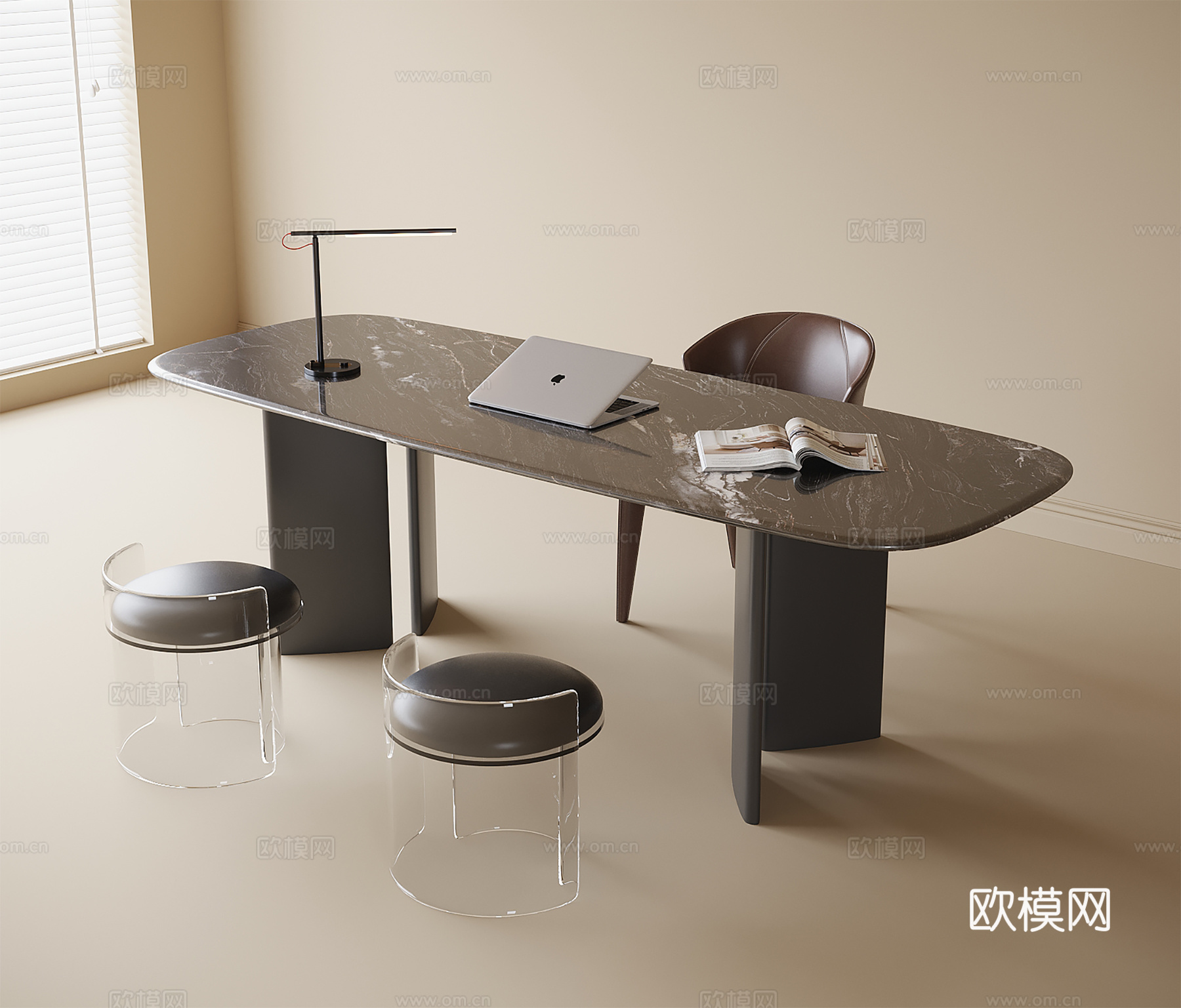 现代书桌椅 凳子 书桌摆件3d模型