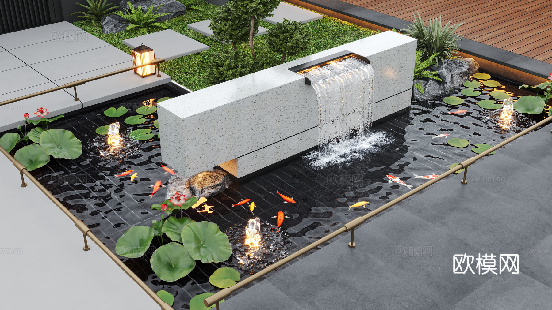 现代庭院景观 居家庭院 庭院水景 叠水 鱼池su模型
