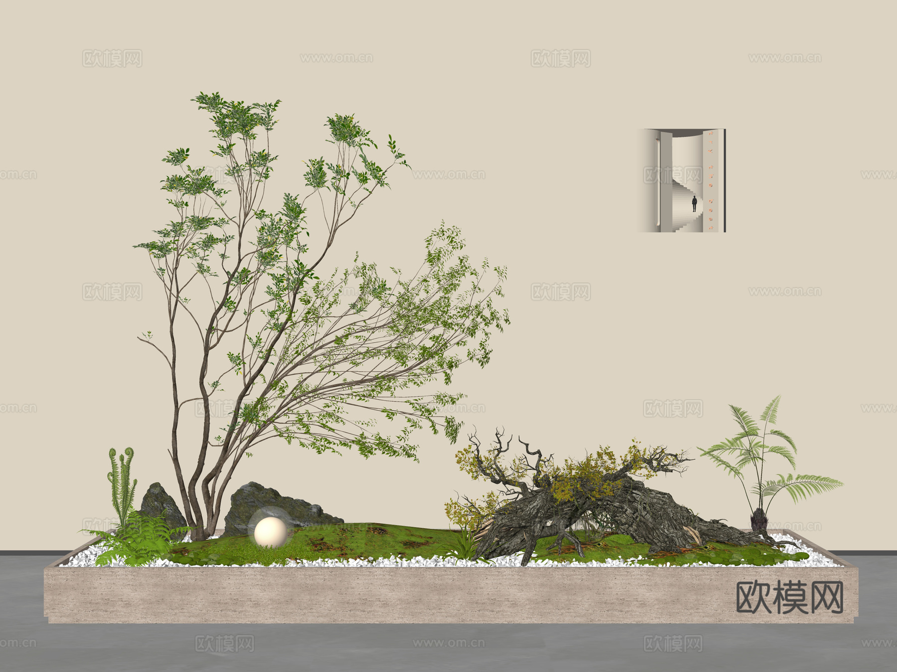 现代室内景观 室内景观造景 庭院小品 景观树 老木头 植物堆su模型