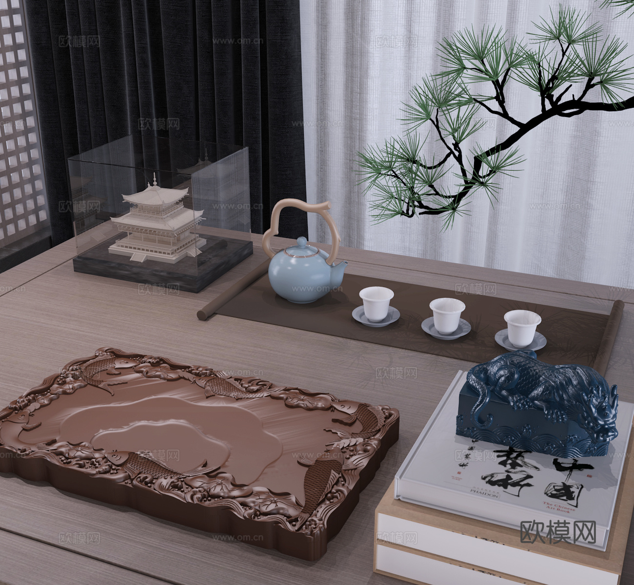 现代新中式文房砚台镇水兽镇尺摆件组合3d模型