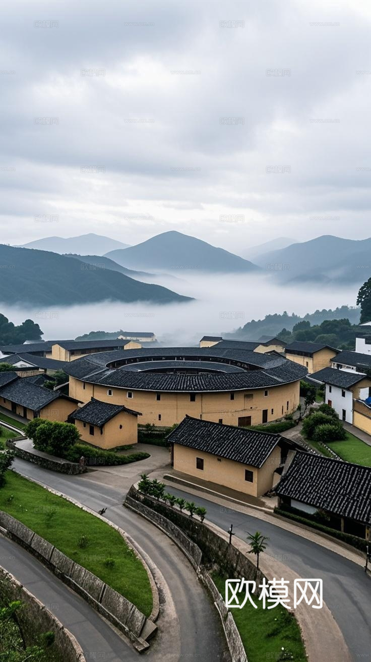 梅州客家围龙屋餐饮背景壁纸