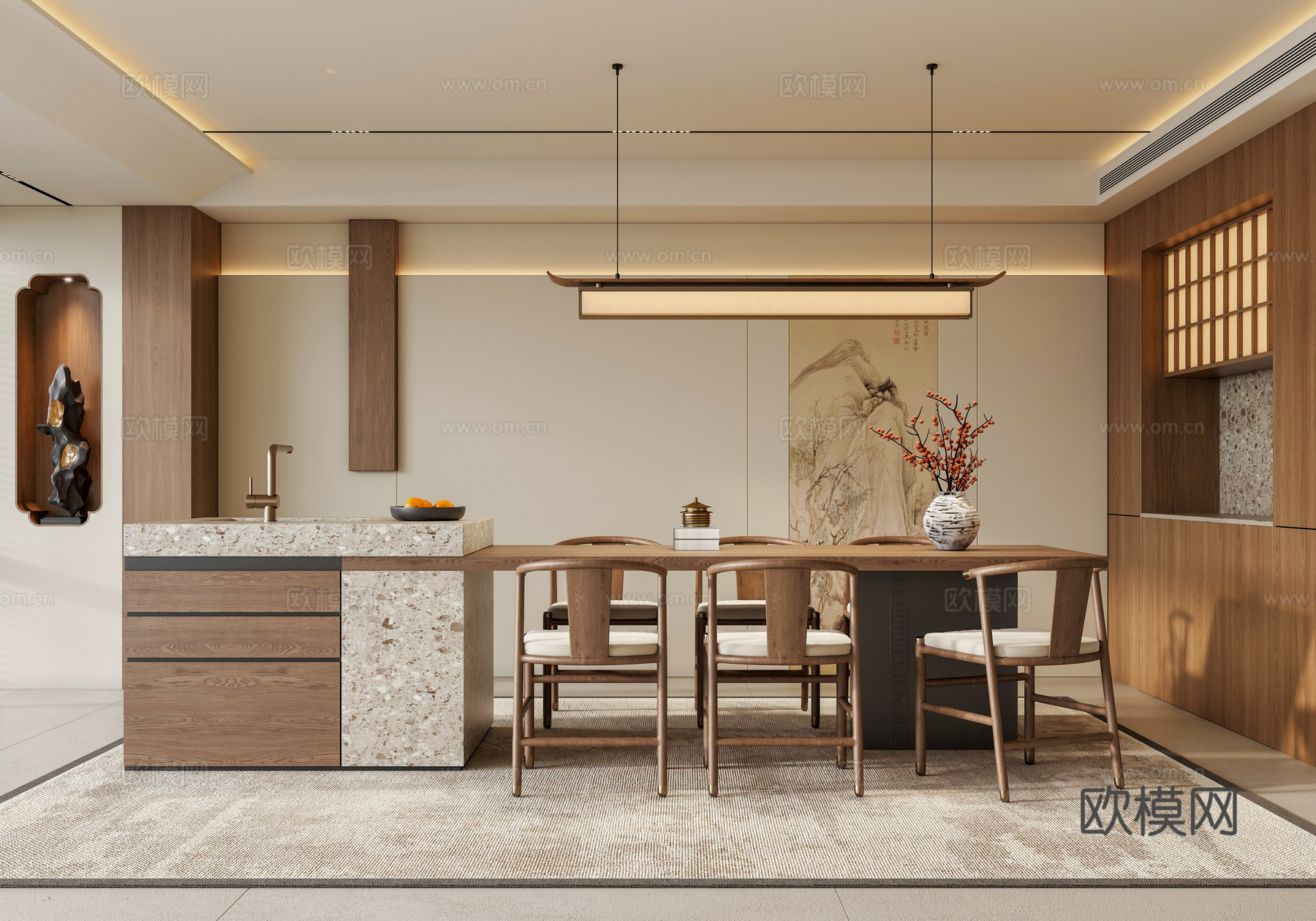禅意新中式家居餐厅3d模型