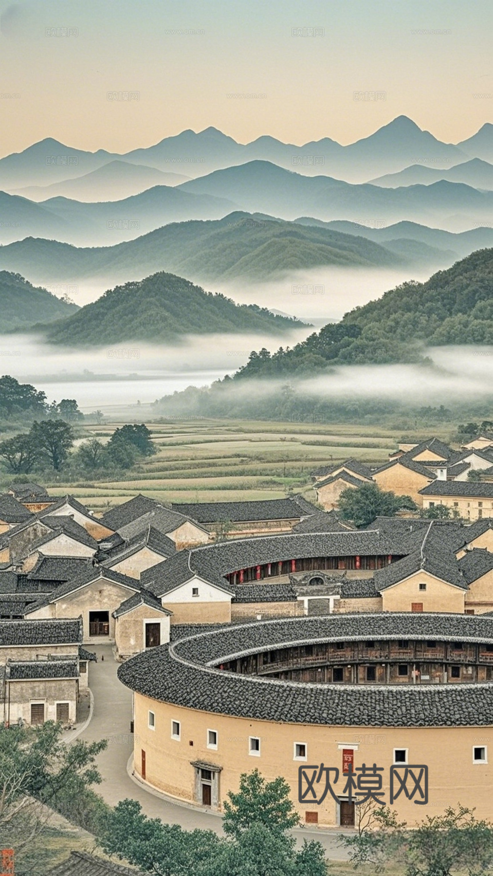 梅州客家围龙屋餐饮背景壁纸