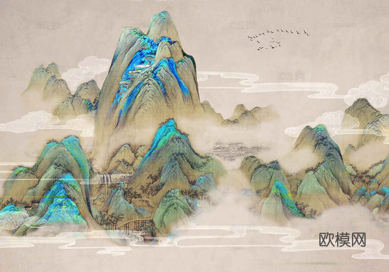 千里江山青绿山水壁画贴图