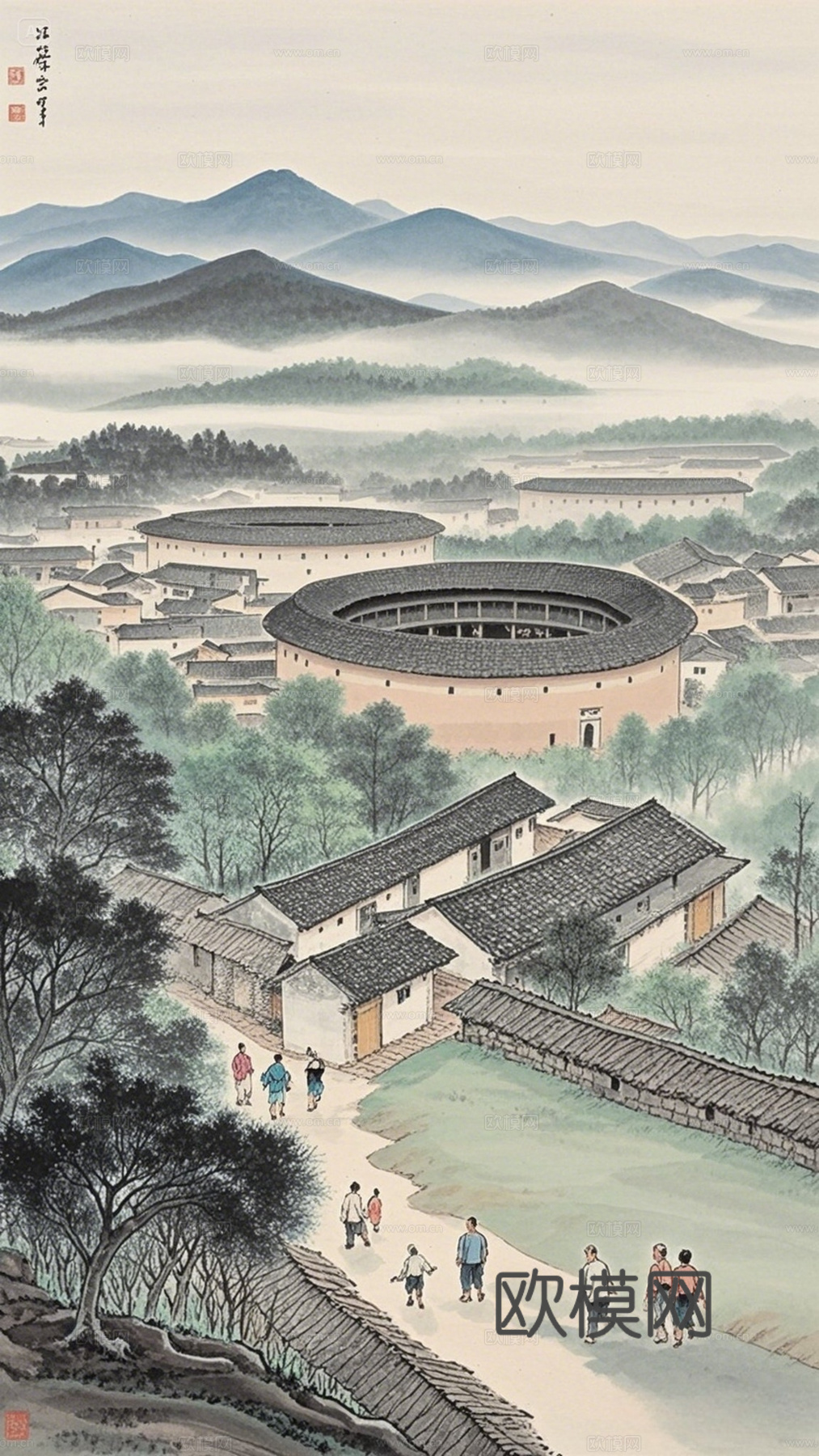 梅州客家围龙屋餐饮背景壁纸