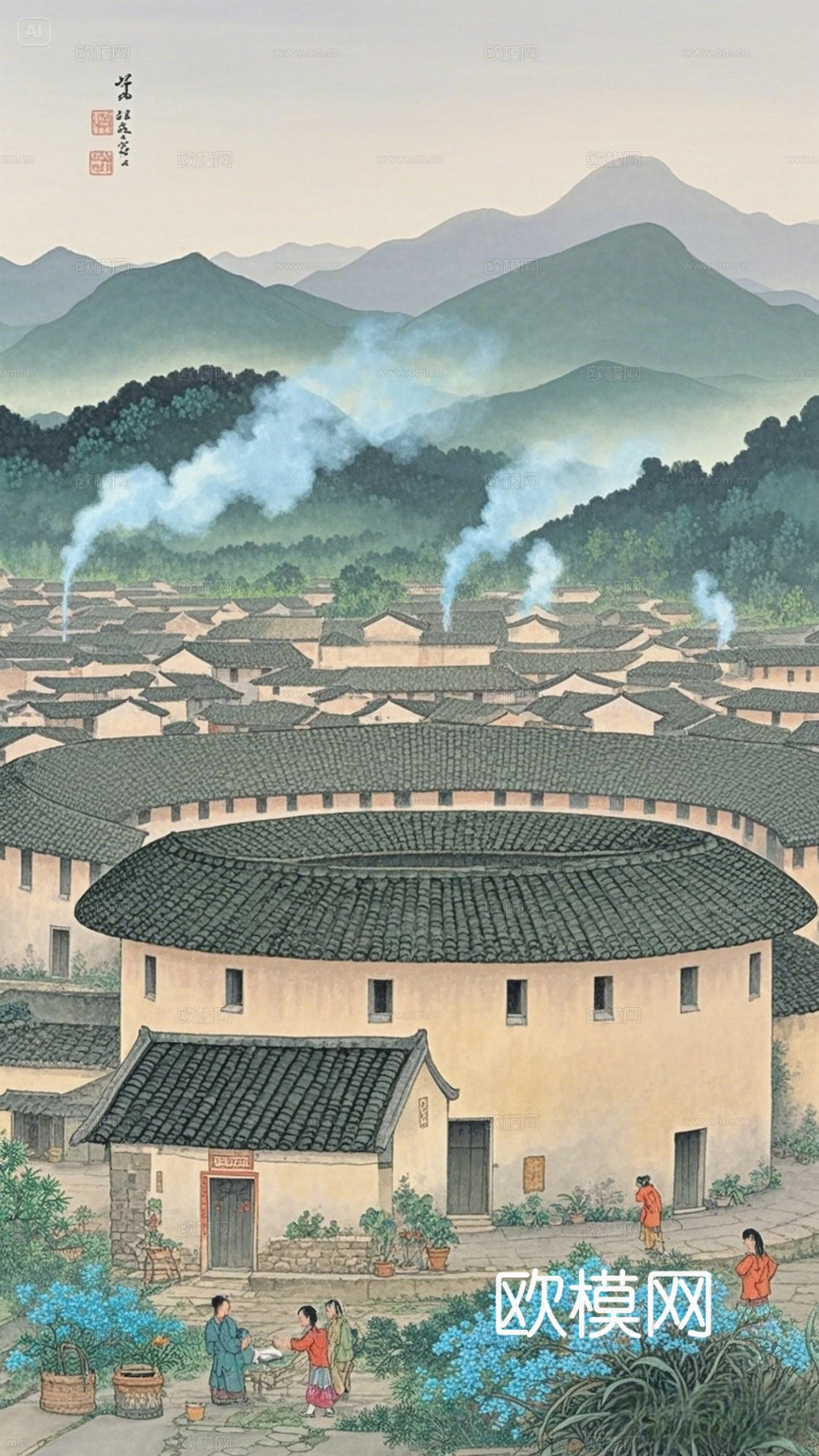 梅州客家围龙屋餐饮背景壁纸
