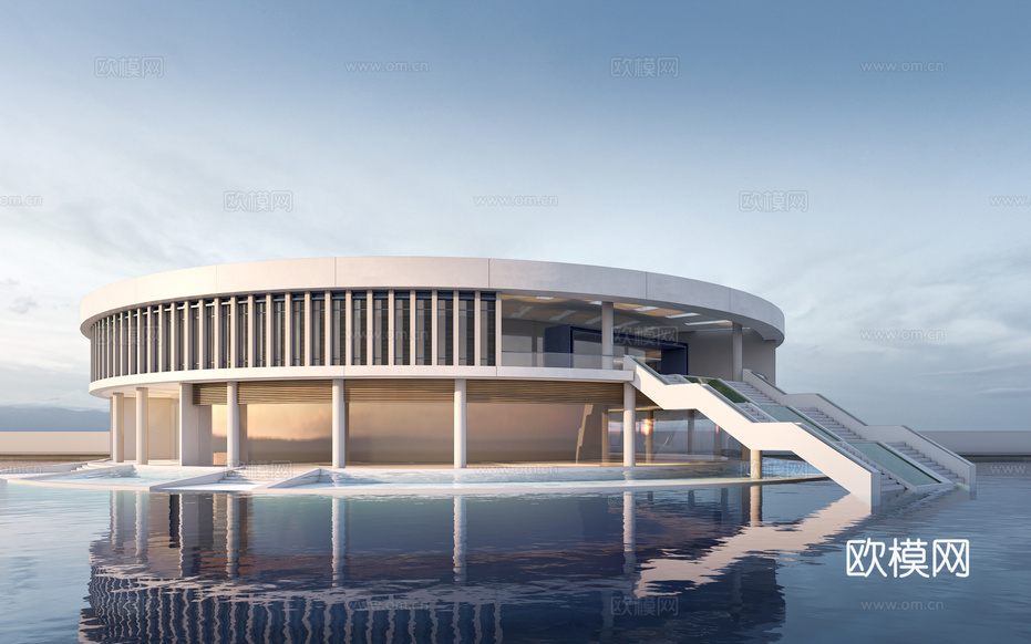 现代圆形建筑 公共建筑 圆形图书馆建筑 展览馆建筑su模型下载(渲染图1)