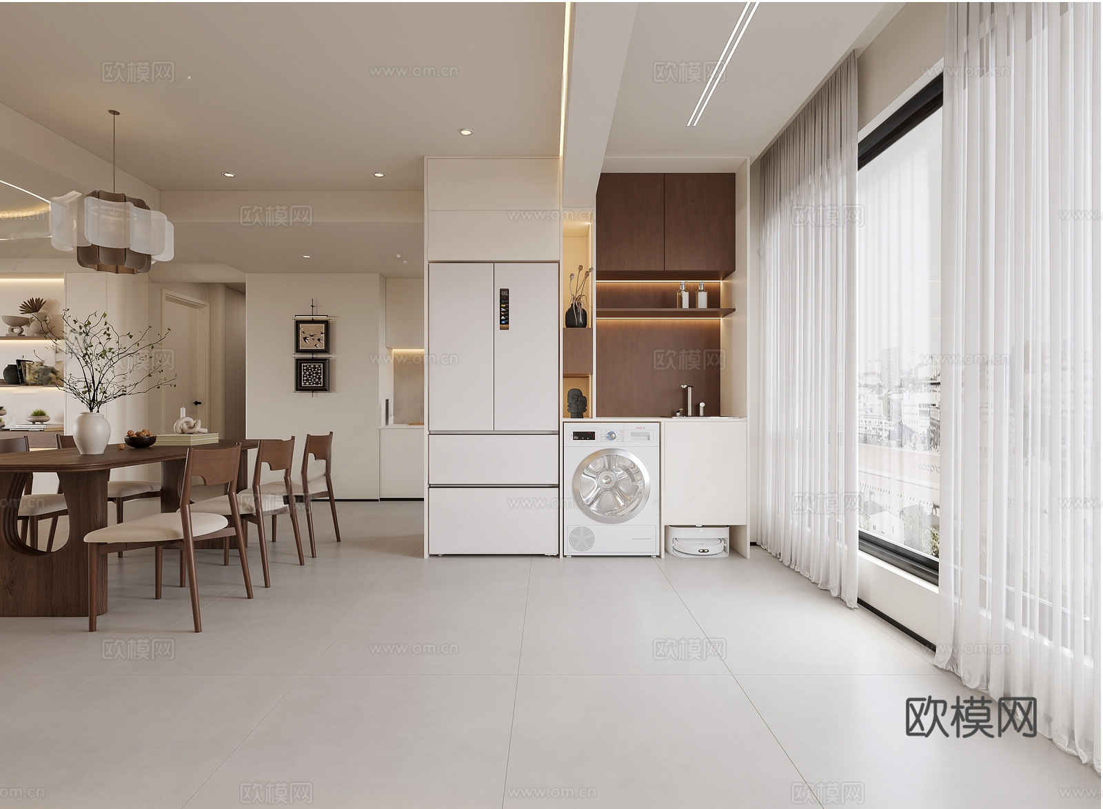 奶油中古家居客厅 奶油客餐厅 中古客餐厅 现代奶油 阳台洗衣3d模型