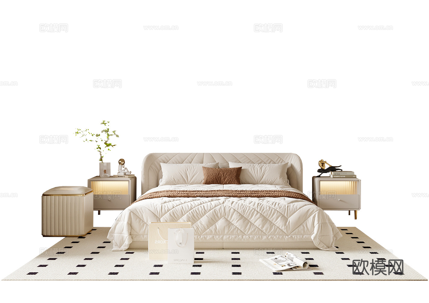 奶油风双人床3d模型