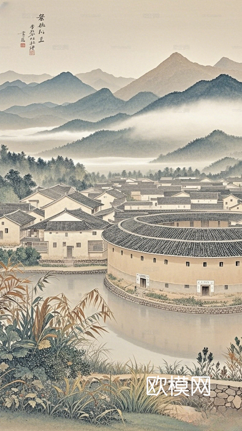 梅州客家围龙屋餐饮背景壁纸