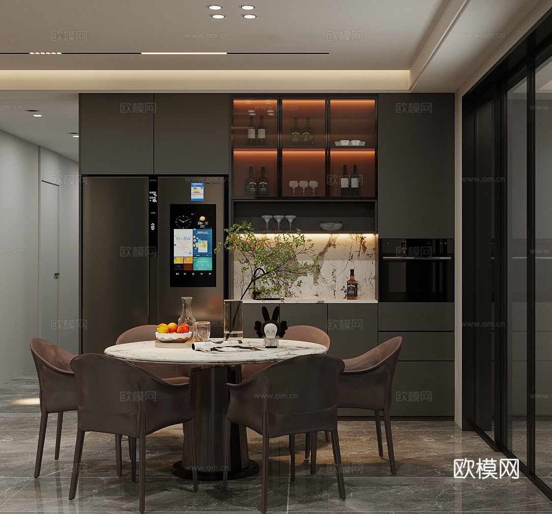 轻奢意式家居餐厅 餐桌椅组合 大理石餐桌 酒柜餐边柜 圆桌3d模型