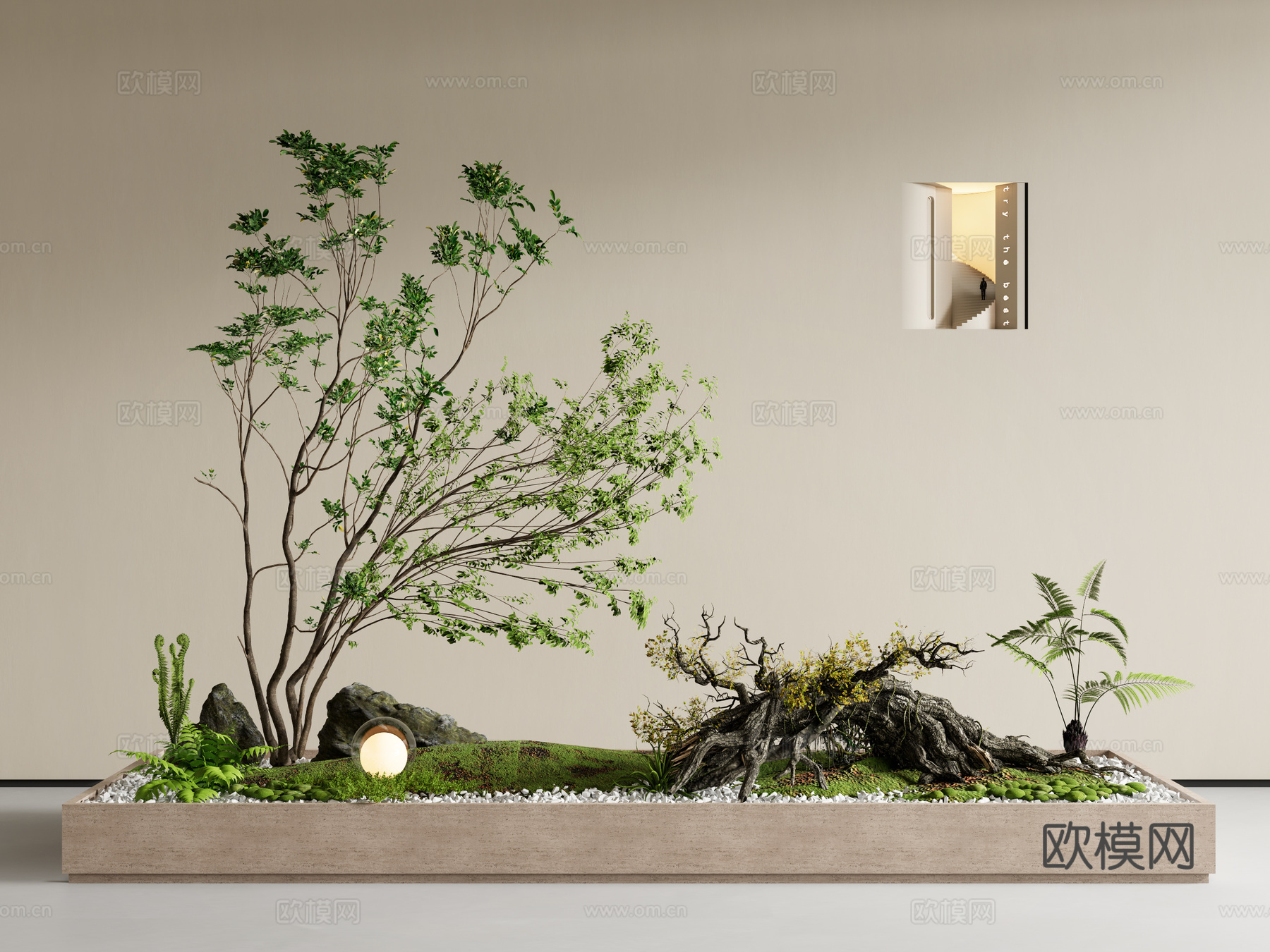 现代室内景观 室内景观造景 庭院小品 景观树 老木头 植物堆su模型