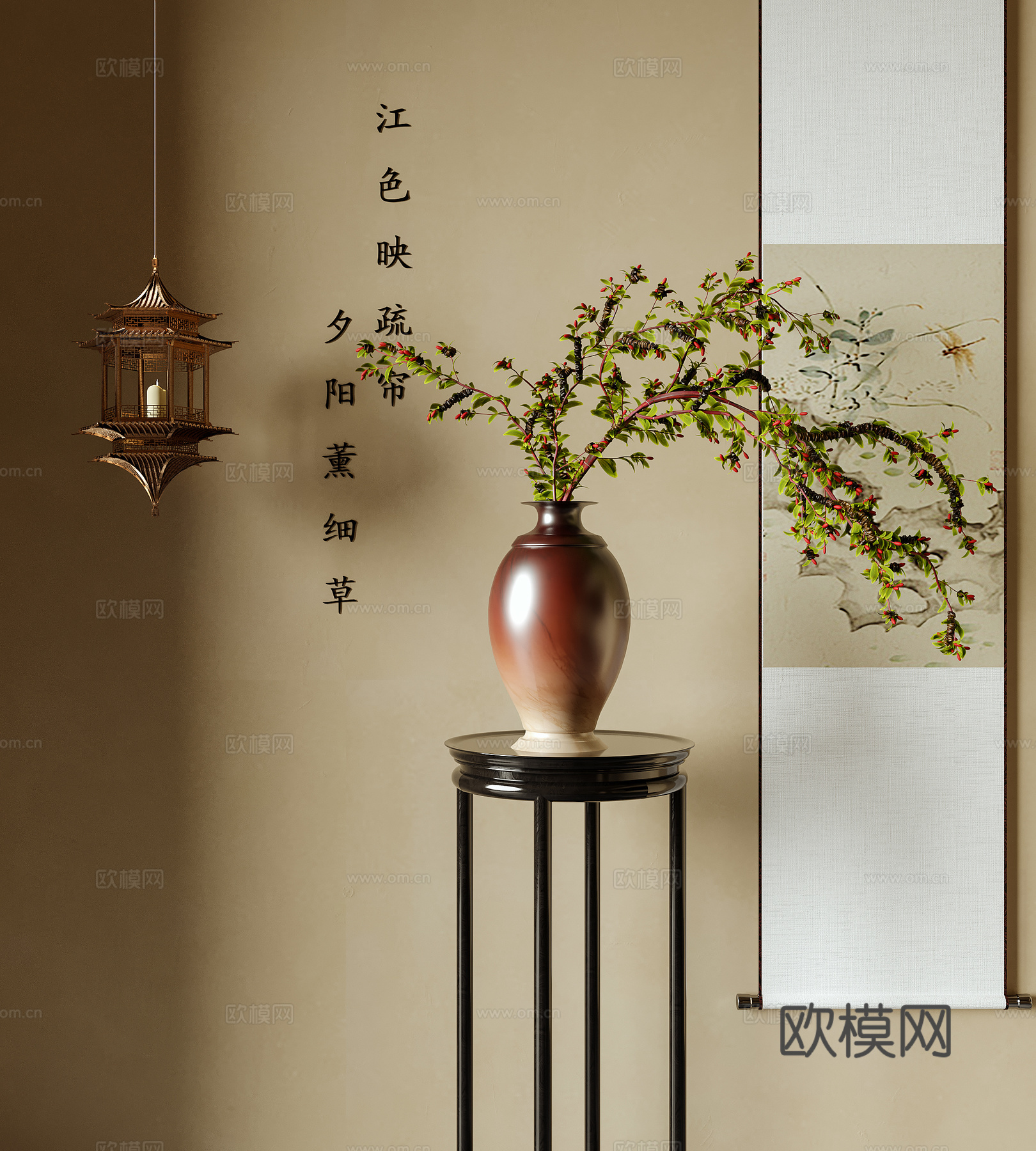 新中式花瓶花艺 插花花艺 挂画 吊灯3d模型
