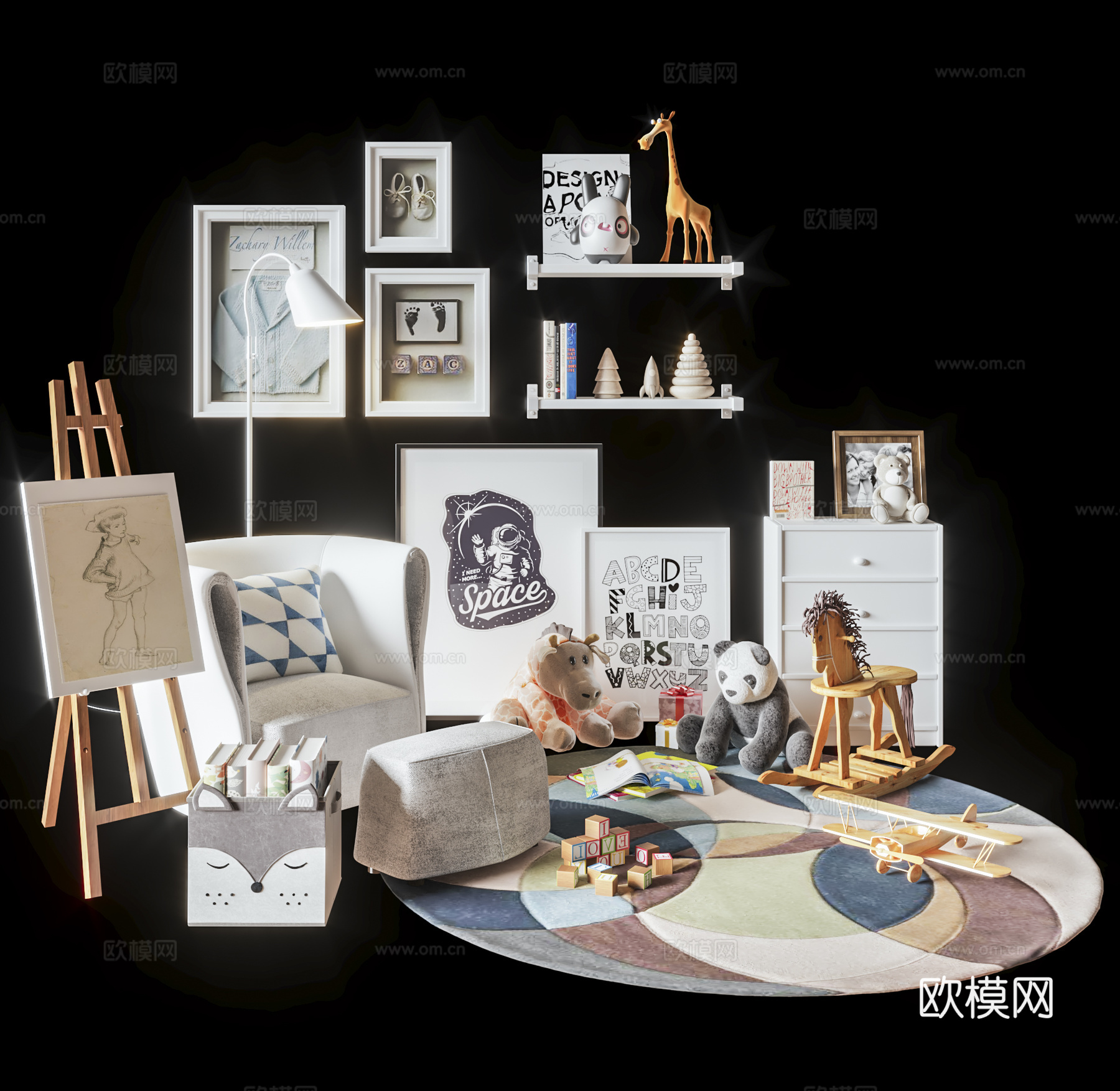 现代儿童玩具饰品 美术画架 儿童沙发 毛绒公仔 墙饰壁饰3d模型