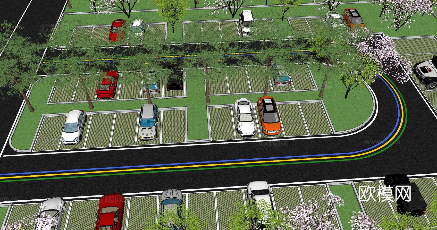 现代停车场  户外生态停车场su模型