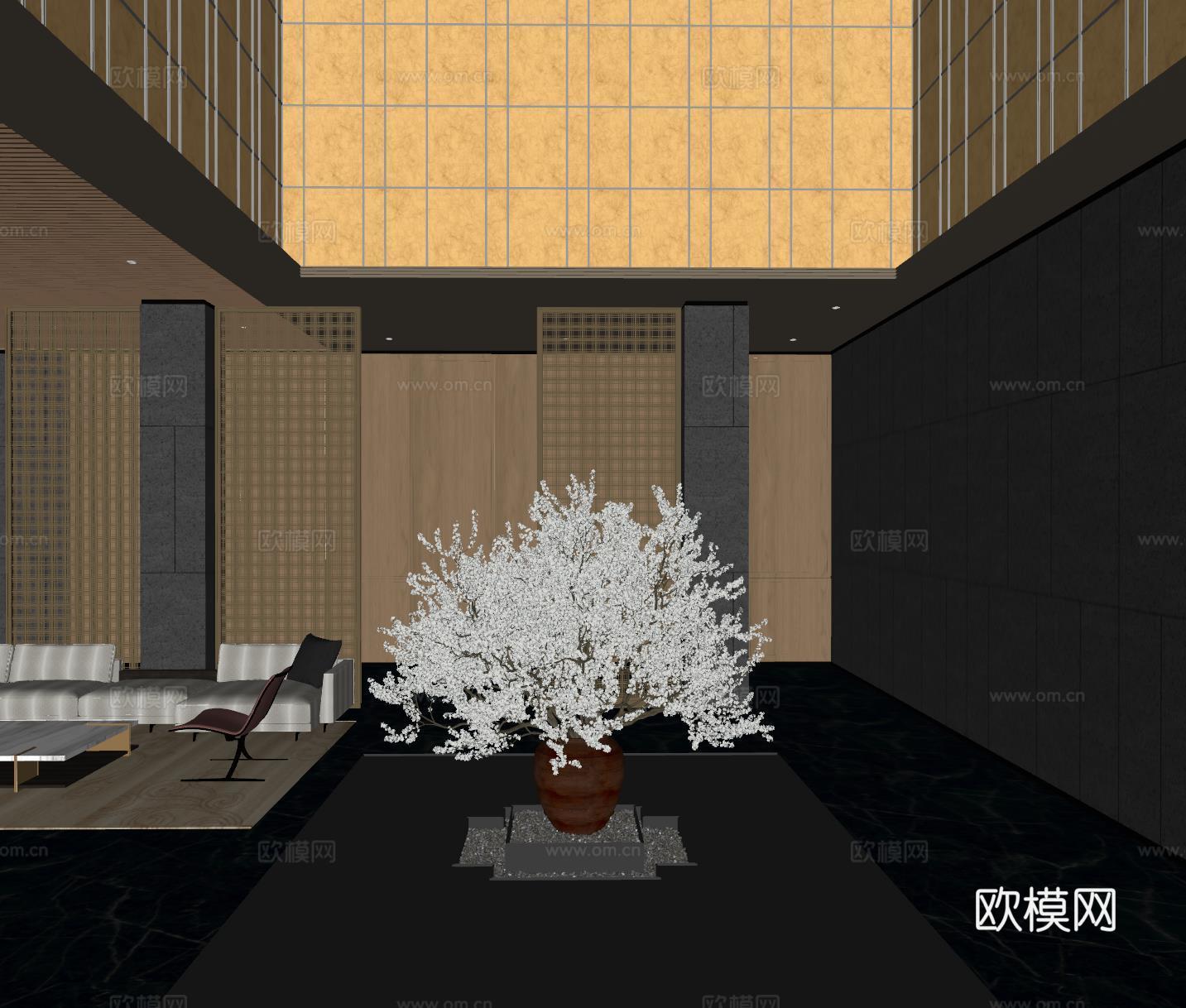 现代大厅 花艺装置 花艺摆台组合 屏风 大型盆栽su模型