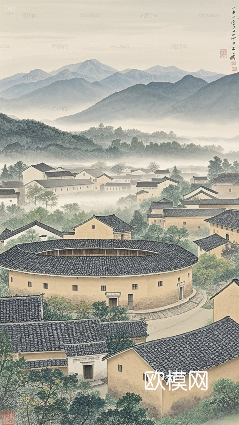 梅州客家围龙屋餐饮背景壁纸