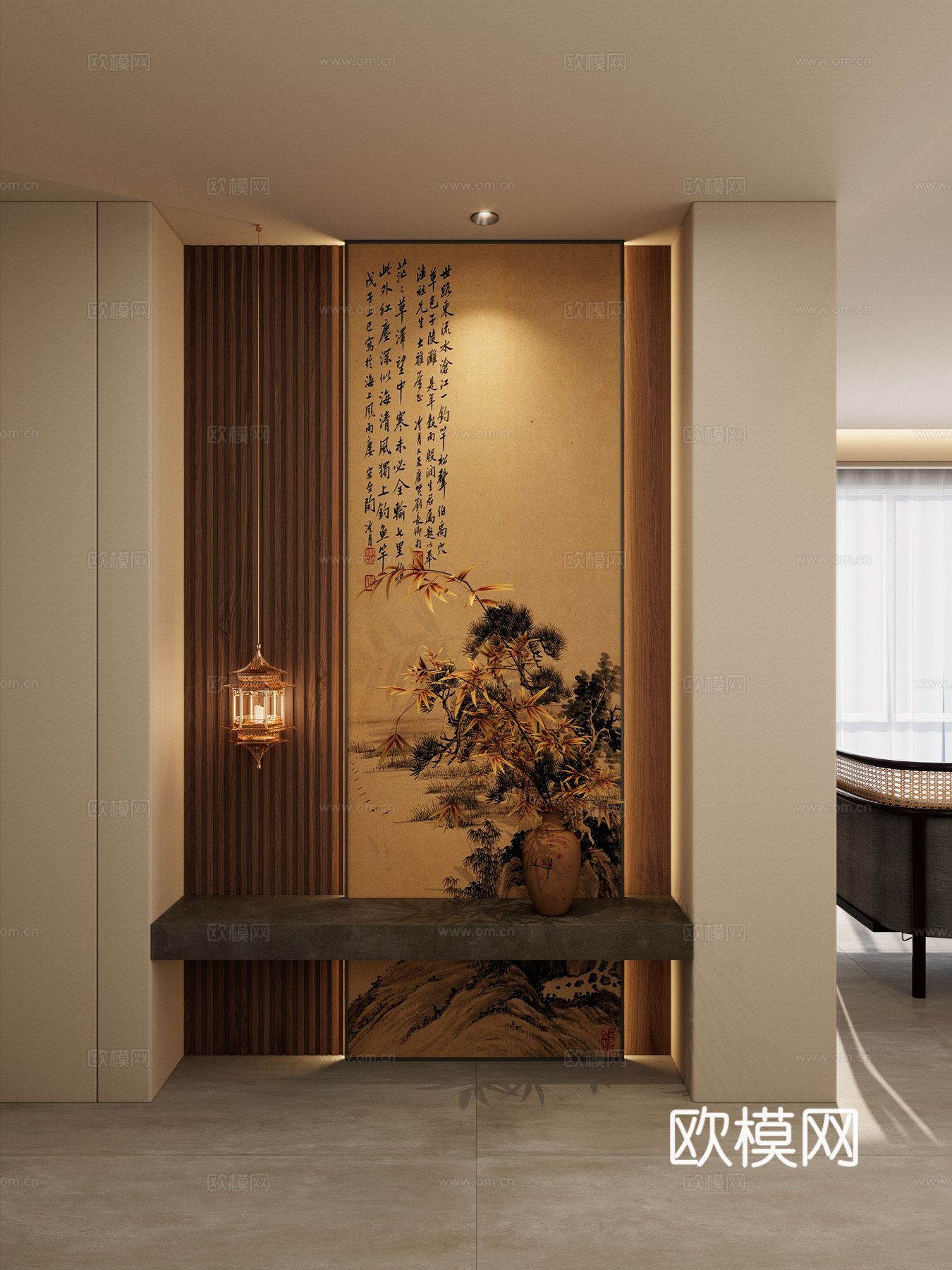 宋式 禅意 造景 端景 国风画 宫灯 格栅板 玄关su模型