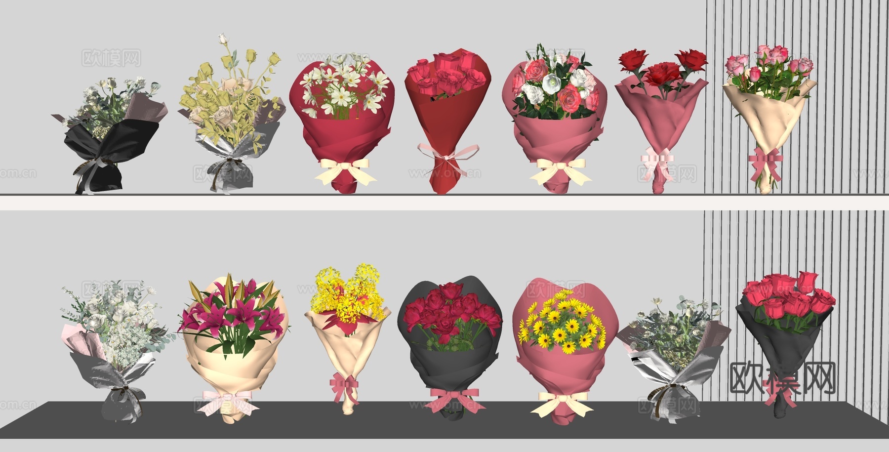 现代简约花艺 花束 鲜花花艺 玫瑰花捧 手捧花 百合秋菊手捧su模型