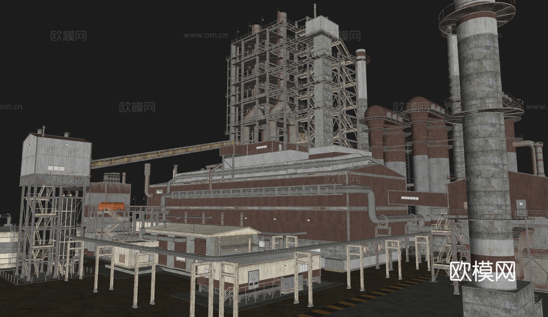 现代冶炼工厂 工厂排污烟囱 工业区工厂建筑 工业建筑组合 冶su模型
