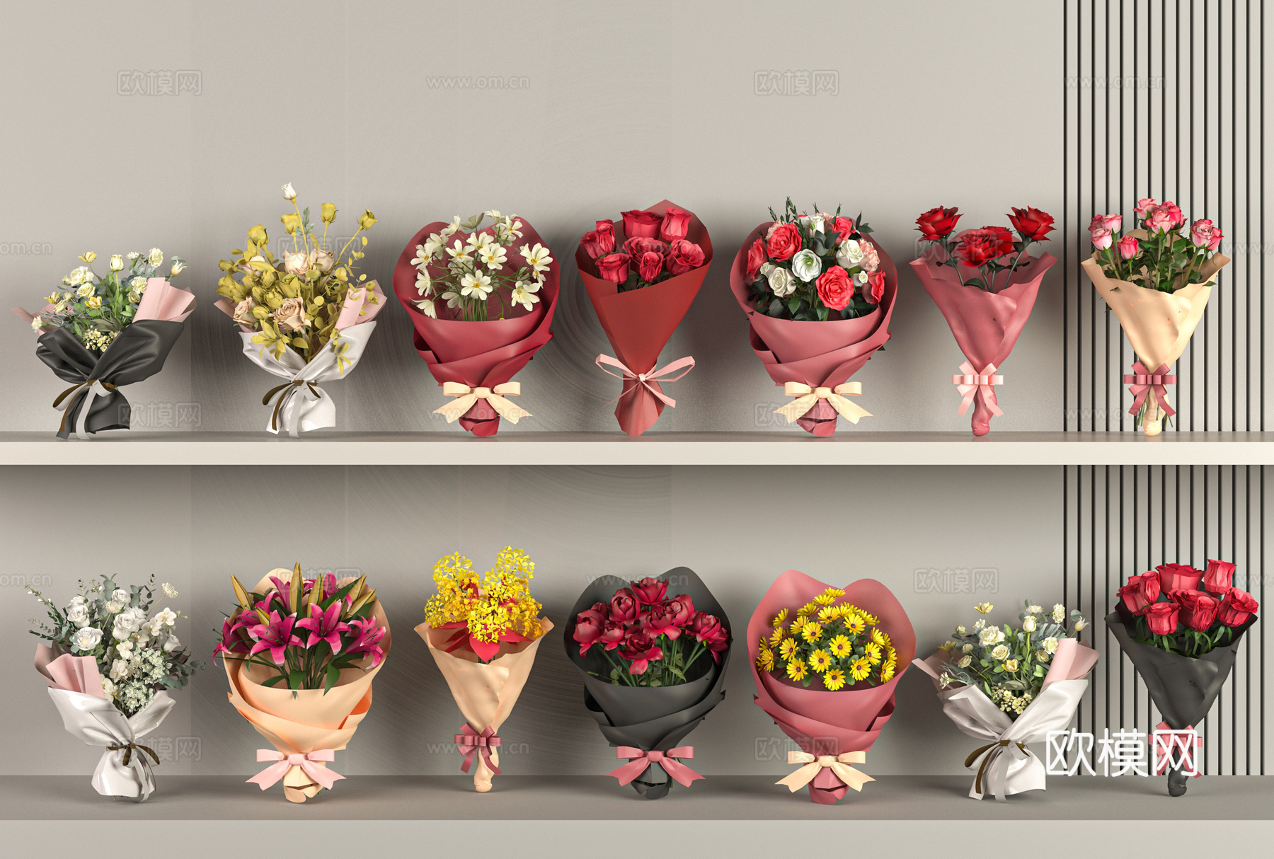 现代简约花艺 花束 鲜花花艺 玫瑰花捧 手捧花3d模型