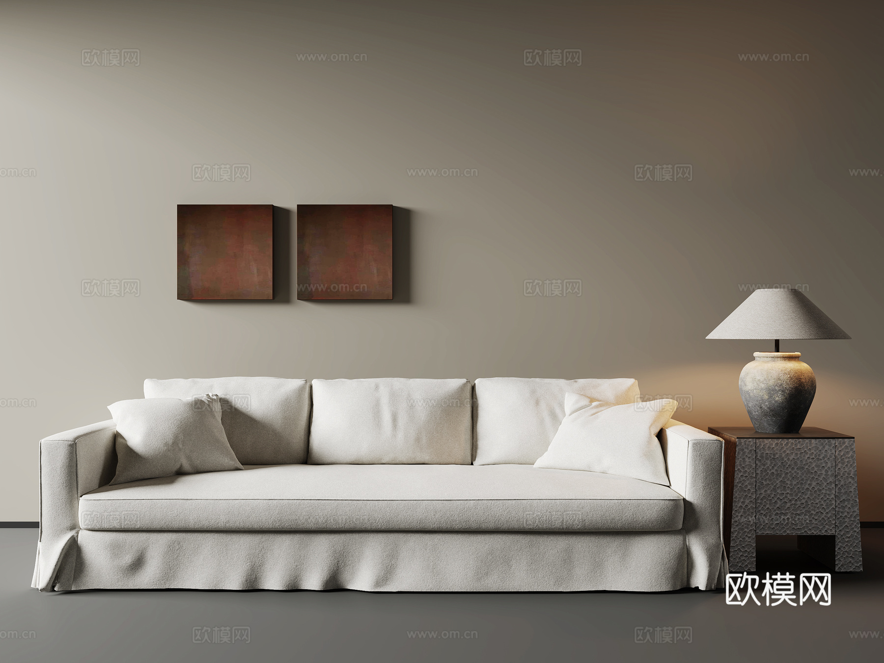 现代布艺沙发 边几 台灯 挂画3d模型