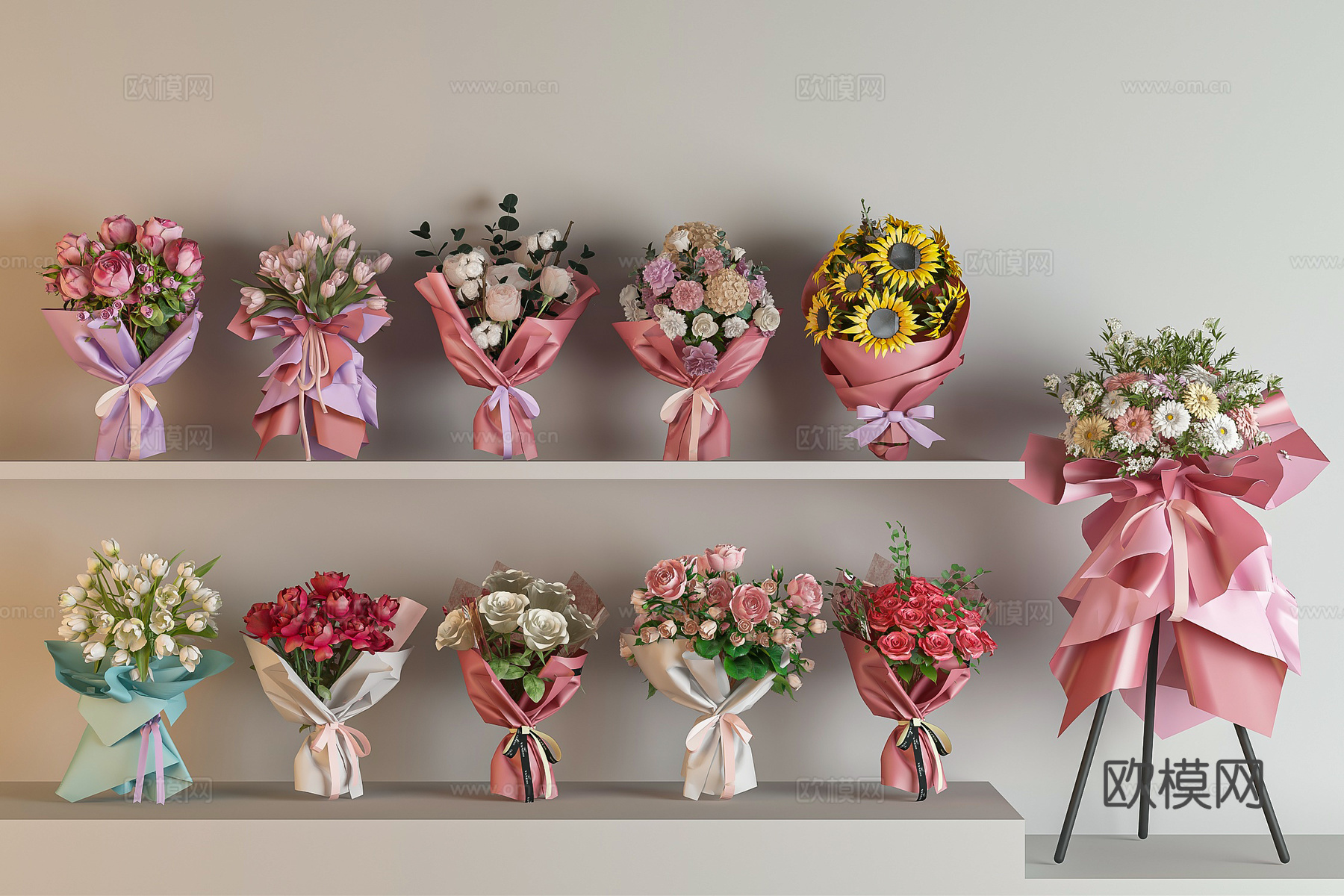 现代简约花艺 花束 开业花篮 鲜花花艺 玫瑰花捧 手捧花 向3d模型