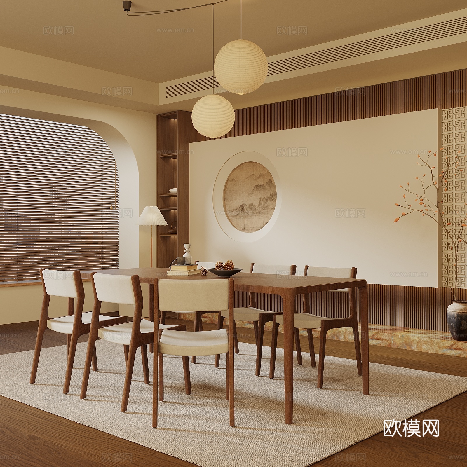 宋式新中风餐厅 长条桌椅 餐厅背景墙 餐厅吊灯3d模型
